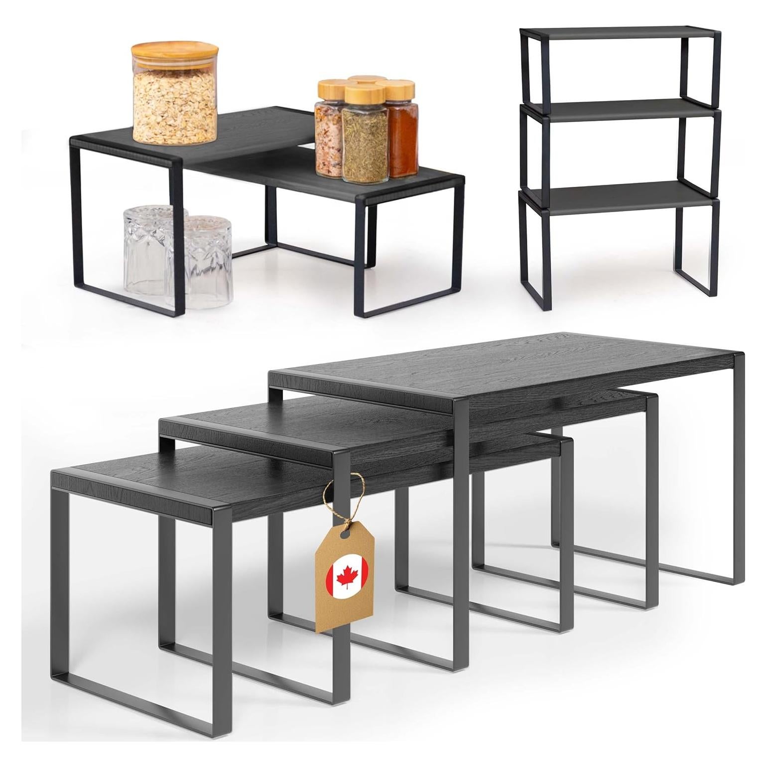 Ibyx Premium Kitchen Cabinet Organizer Shelf - Set of 3 Kitchen Counter Shelves - Stackable Shelf Racks for Cabinets - Metal Frame & Engineered Wood (Black Wood, Black Frame)