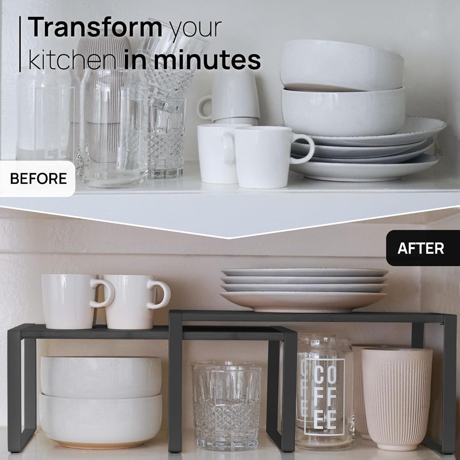 Ibyx Premium Kitchen Cabinet Organizer Shelf - Set of 3 Kitchen Counter Shelves - Stackable Shelf Racks for Cabinets - Metal Frame & Engineered Wood (Black Wood, Black Frame)