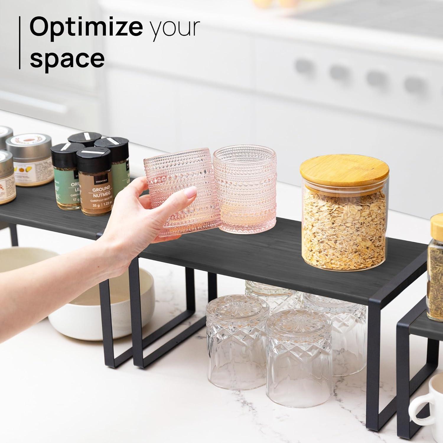 Ibyx Premium Kitchen Cabinet Organizer Shelf - Set of 3 Kitchen Counter Shelves - Stackable Shelf Racks for Cabinets - Metal Frame & Engineered Wood (Black Wood, Black Frame)