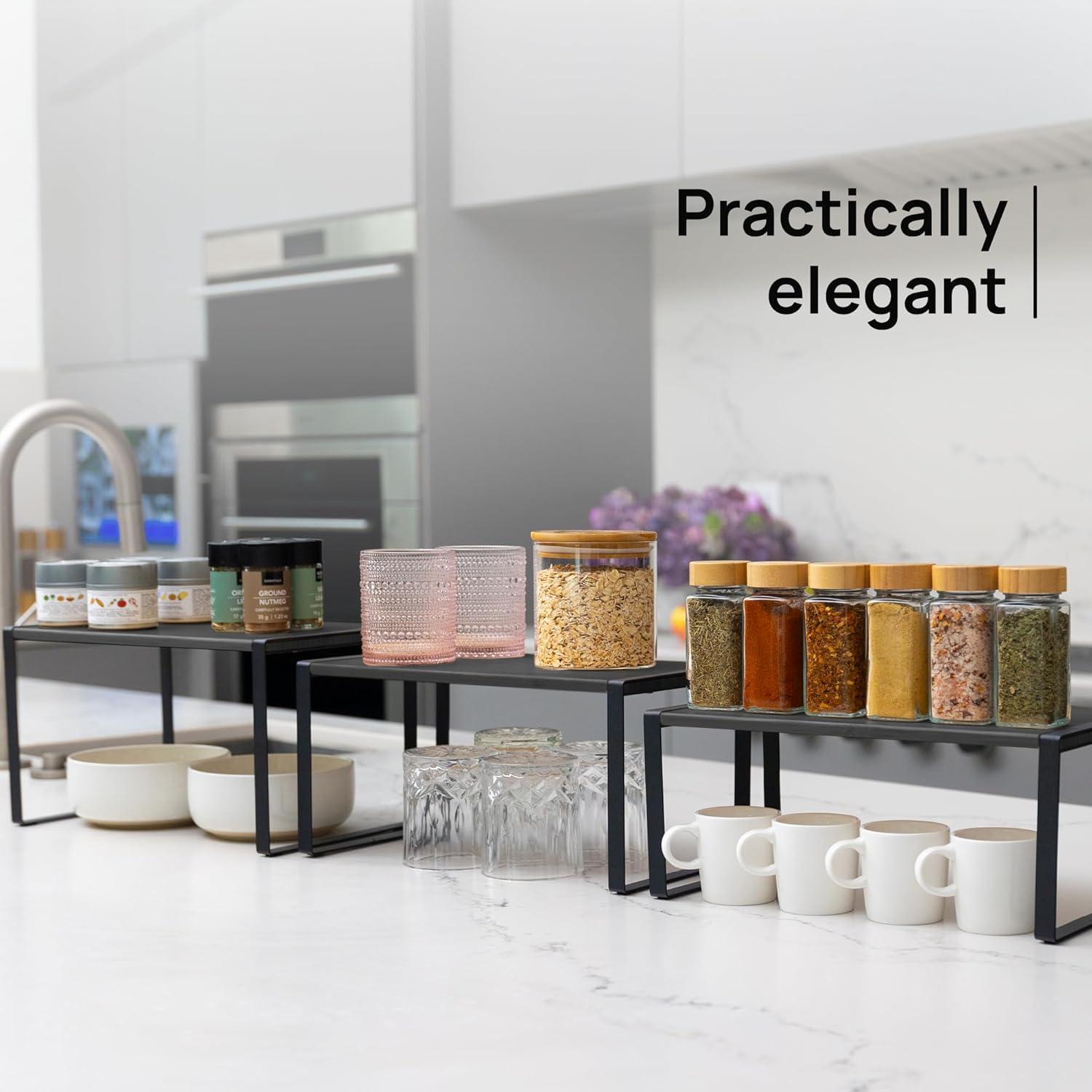 Ibyx Premium Kitchen Cabinet Organizer Shelf - Set of 3 Kitchen Counter Shelves - Stackable Shelf Racks for Cabinets - Metal Frame & Engineered Wood (Black Wood, Black Frame)