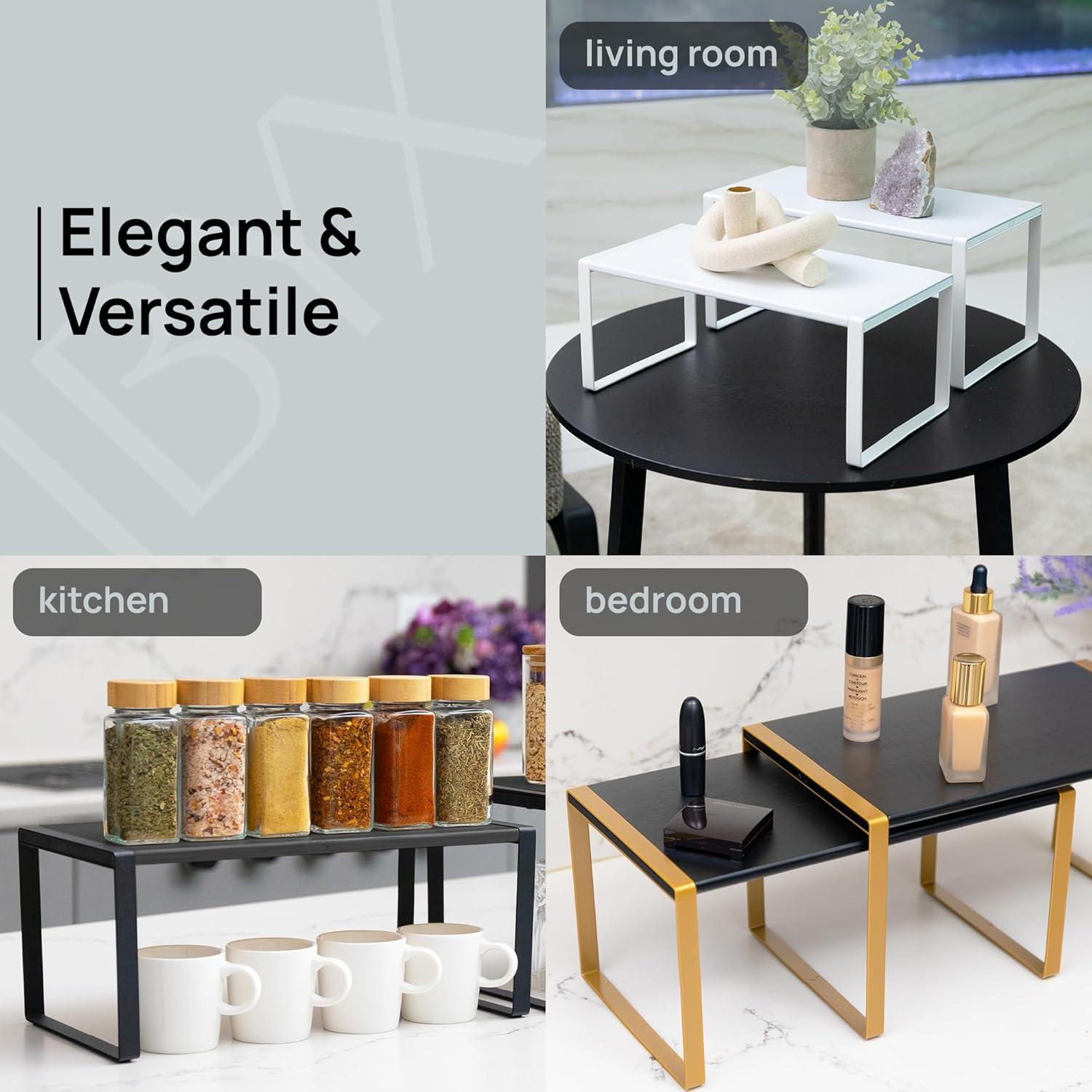 Ibyx Premium Kitchen Cabinet Organizer Shelf - Set of 3 Kitchen Counter Shelves - Stackable Shelf Racks for Cabinets - Metal Frame & Engineered Wood (Black Wood, Black Frame)