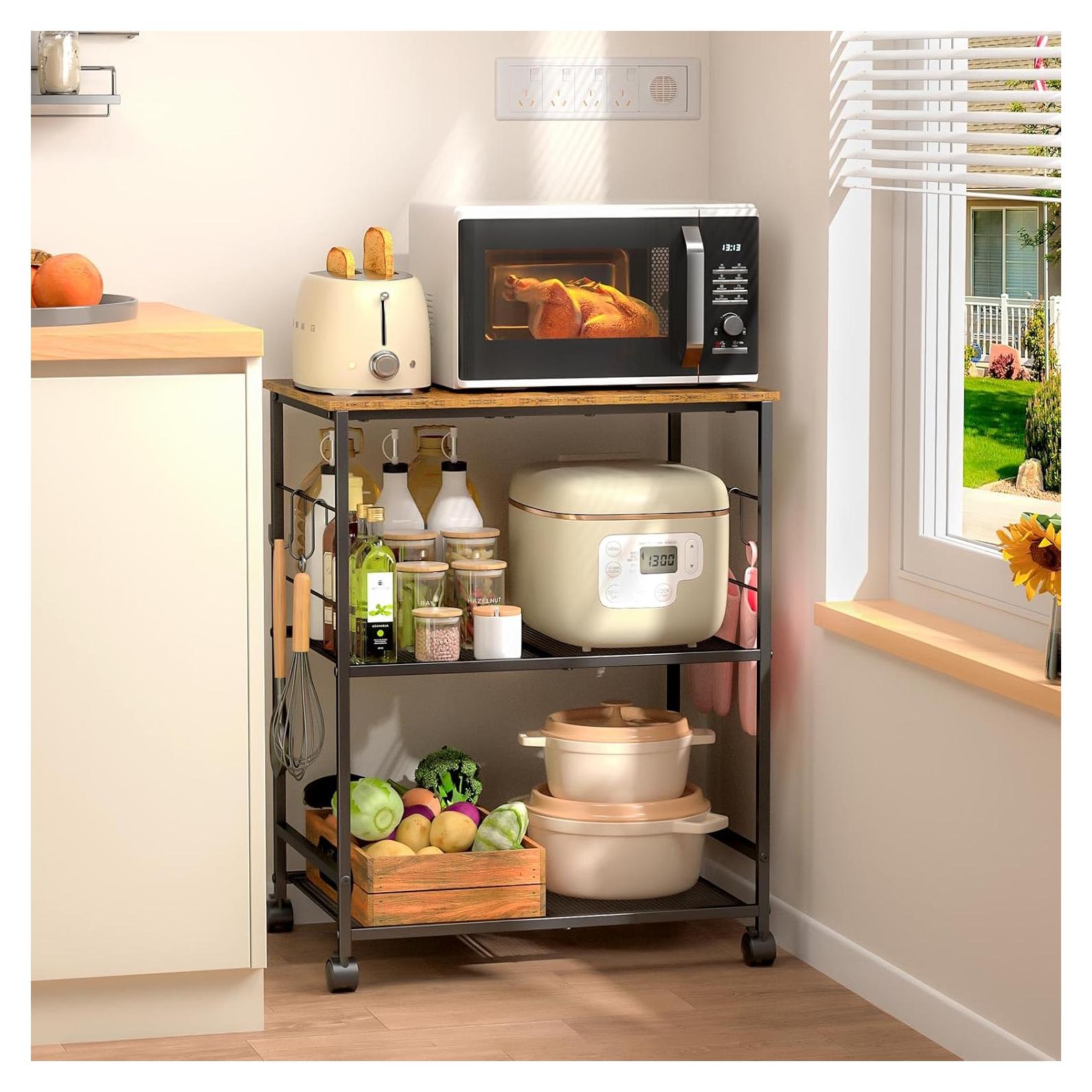 Rolling Kitchen Microwave Cart, 3 Tier Microwave Table Stand with Storage, Kitchen Utility Cart on Lockable Wheels, Small Coffee Cart Shelf Rack Organizer for Living Room Office, Balcony