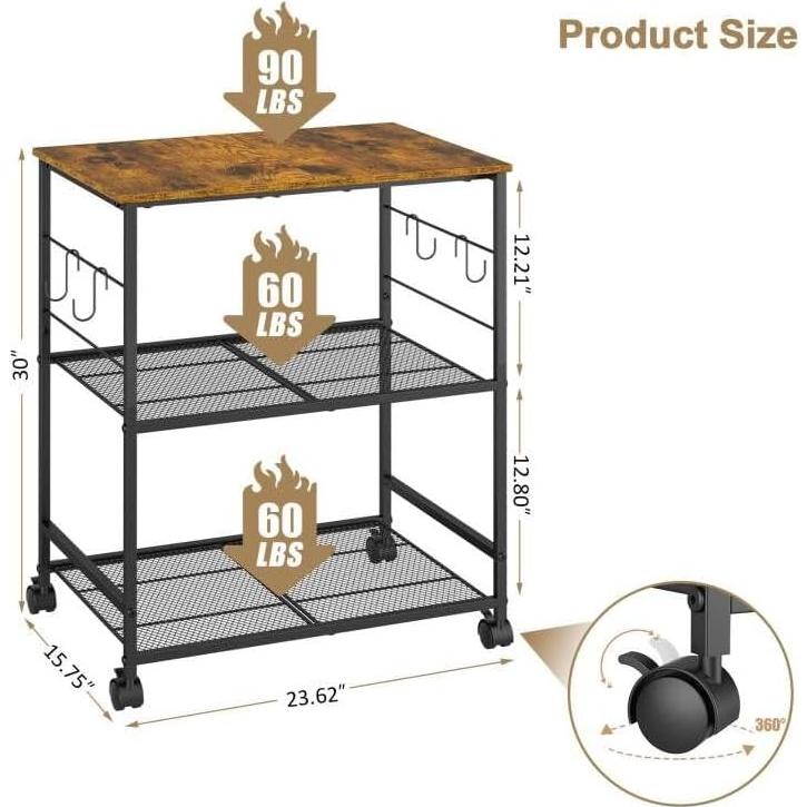 Rolling Kitchen Microwave Cart, 3 Tier Microwave Table Stand with Storage, Kitchen Utility Cart on Lockable Wheels, Small Coffee Cart Shelf Rack Organizer for Living Room Office, Balcony
