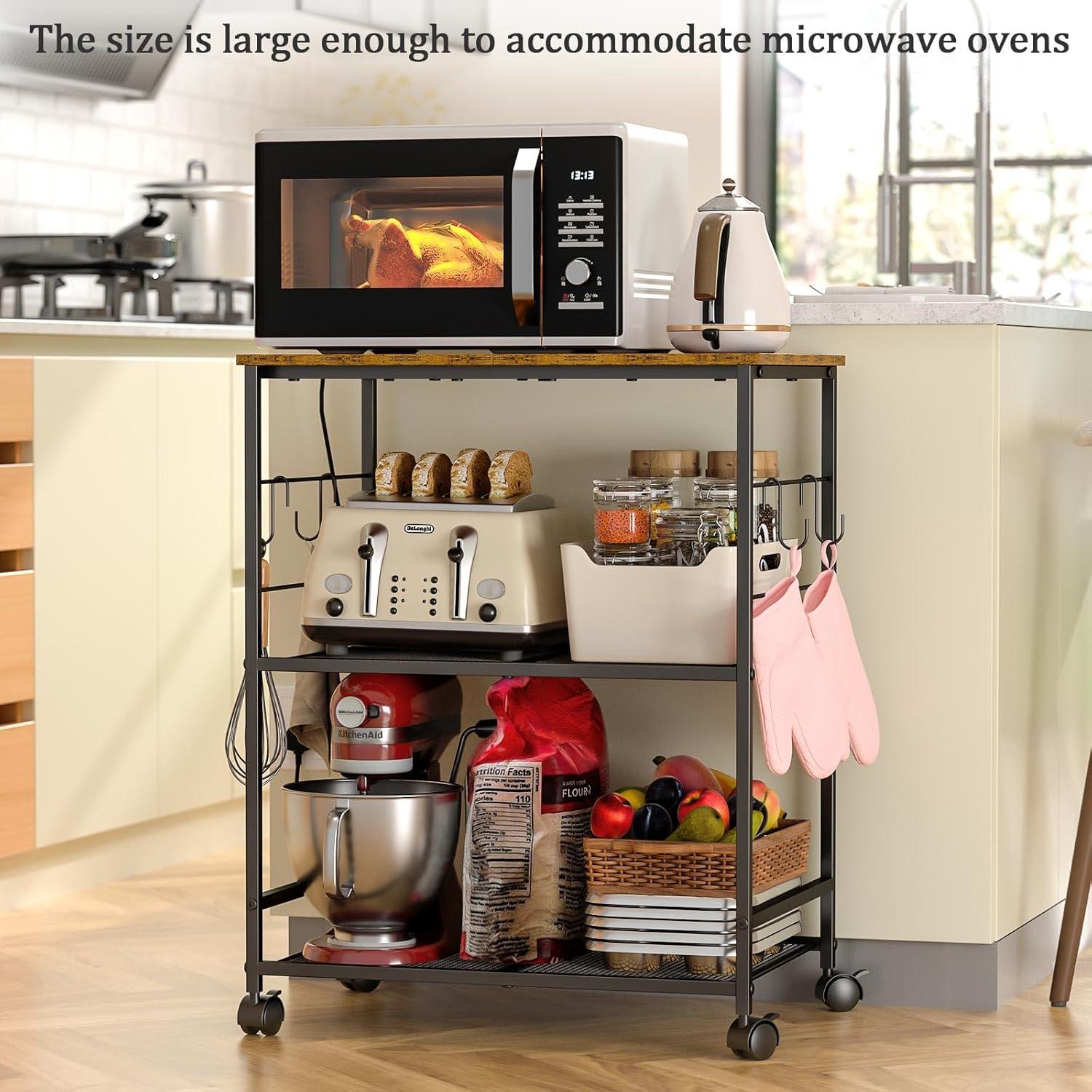 Rolling Kitchen Microwave Cart, 3 Tier Microwave Table Stand with Storage, Kitchen Utility Cart on Lockable Wheels, Small Coffee Cart Shelf Rack Organizer for Living Room Office, Balcony