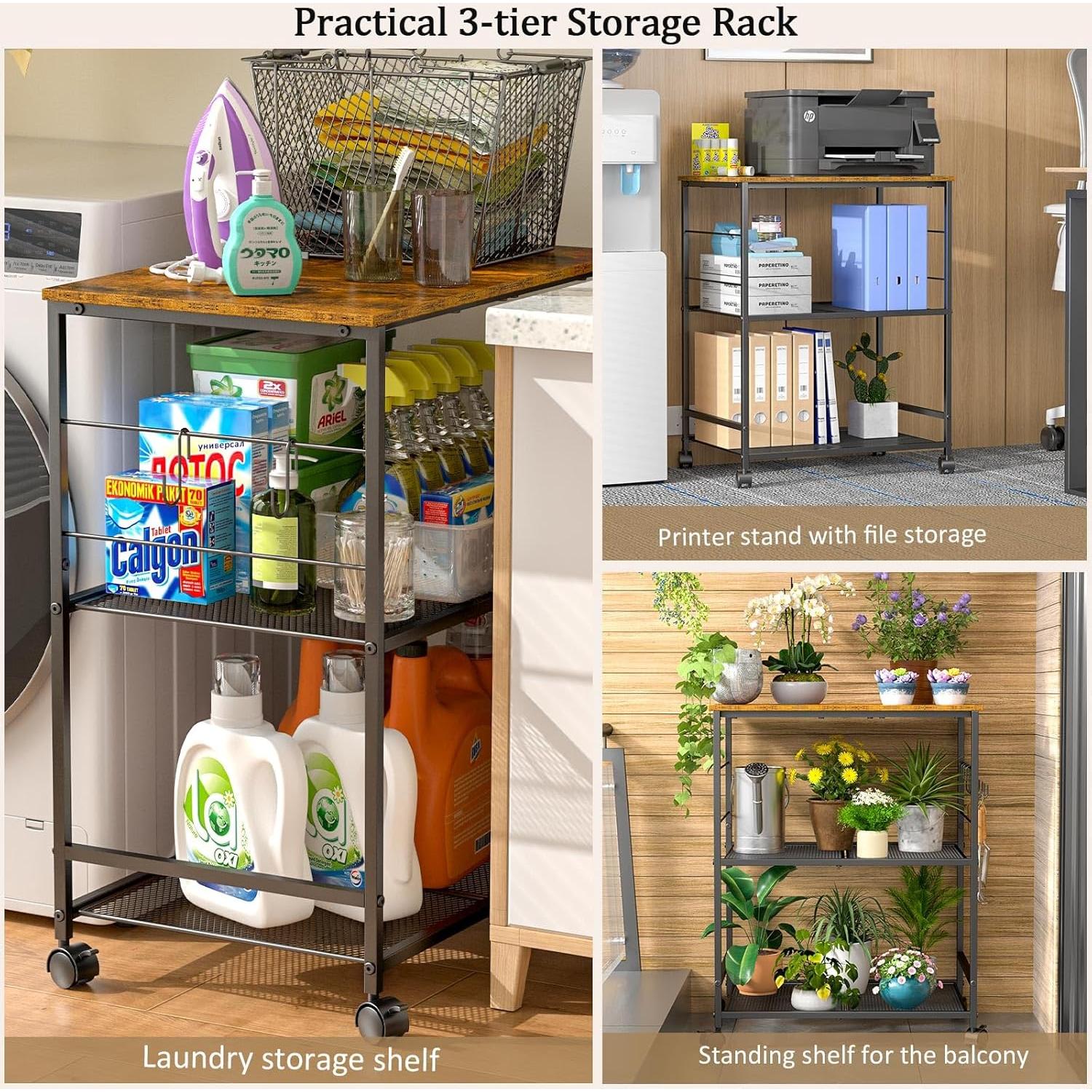 Rolling Kitchen Microwave Cart, 3 Tier Microwave Table Stand with Storage, Kitchen Utility Cart on Lockable Wheels, Small Coffee Cart Shelf Rack Organizer for Living Room Office, Balcony