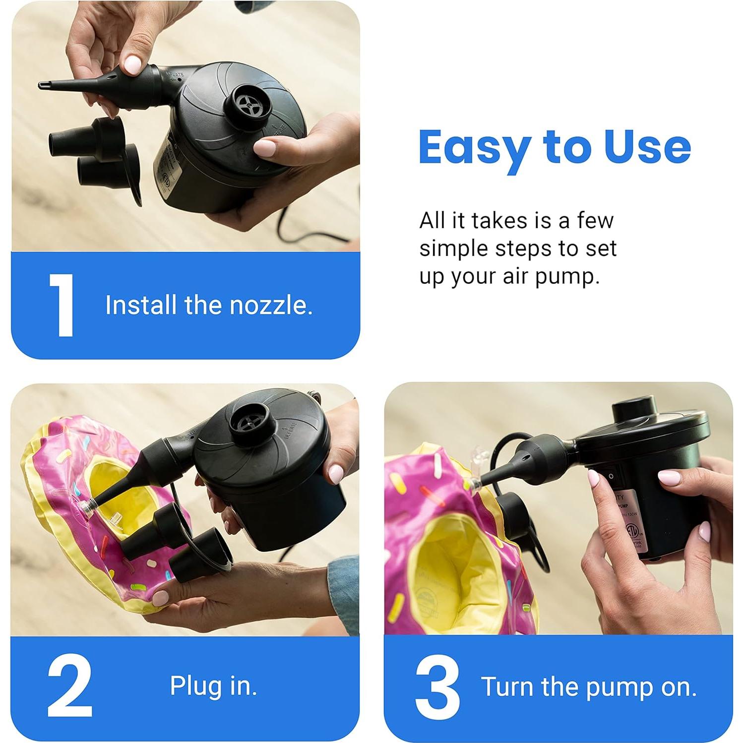 Etekcity Air Pump for Inflatables, Portable Electric Air Mattress Pump, Quick-Fill Perfect Inflator/Deflator for Couch, Blow up Pool Floats Raft Bed Boat Toy with Nozzles, 110-120V, Black