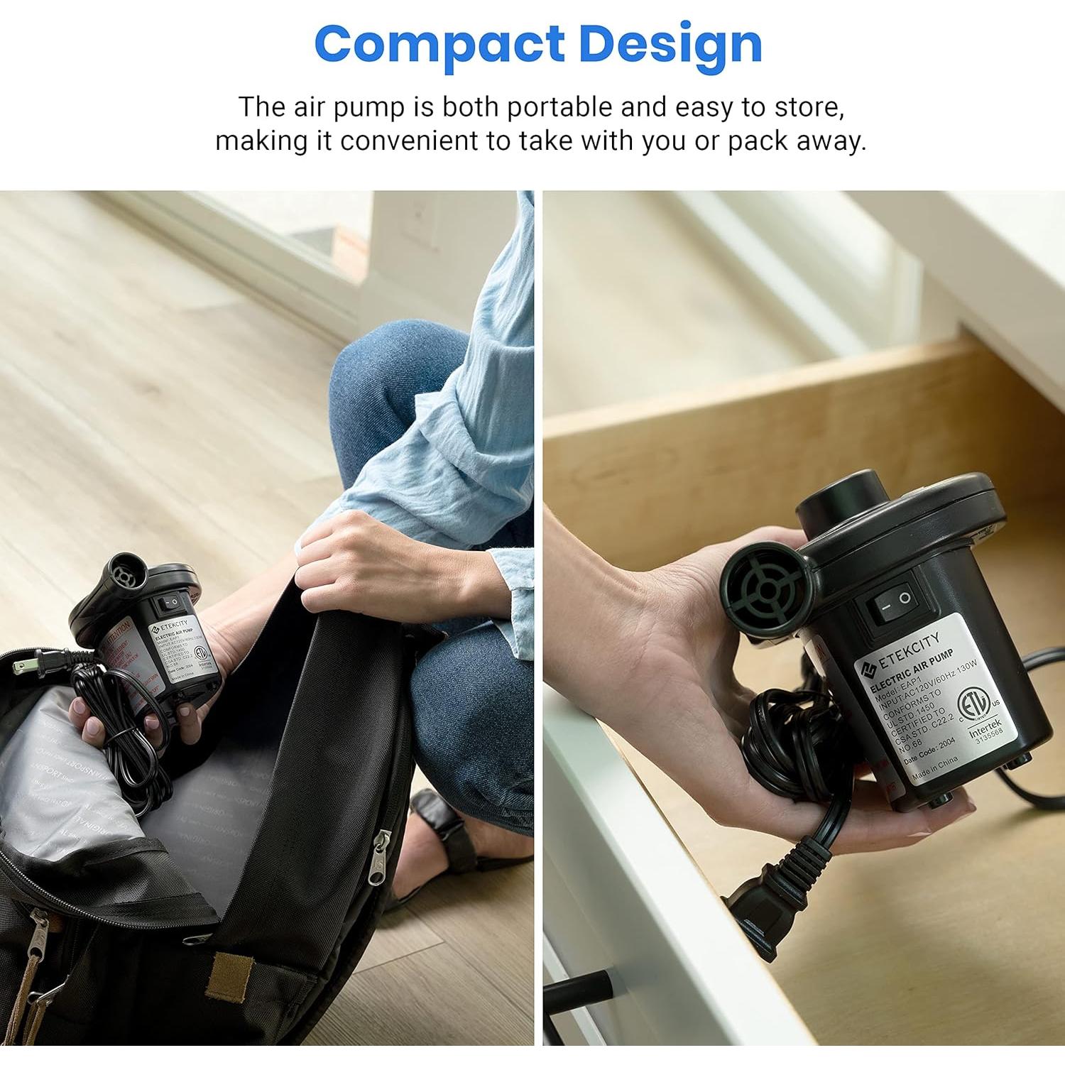 Etekcity Air Pump for Inflatables, Portable Electric Air Mattress Pump, Quick-Fill Perfect Inflator/Deflator for Couch, Blow up Pool Floats Raft Bed Boat Toy with Nozzles, 110-120V, Black