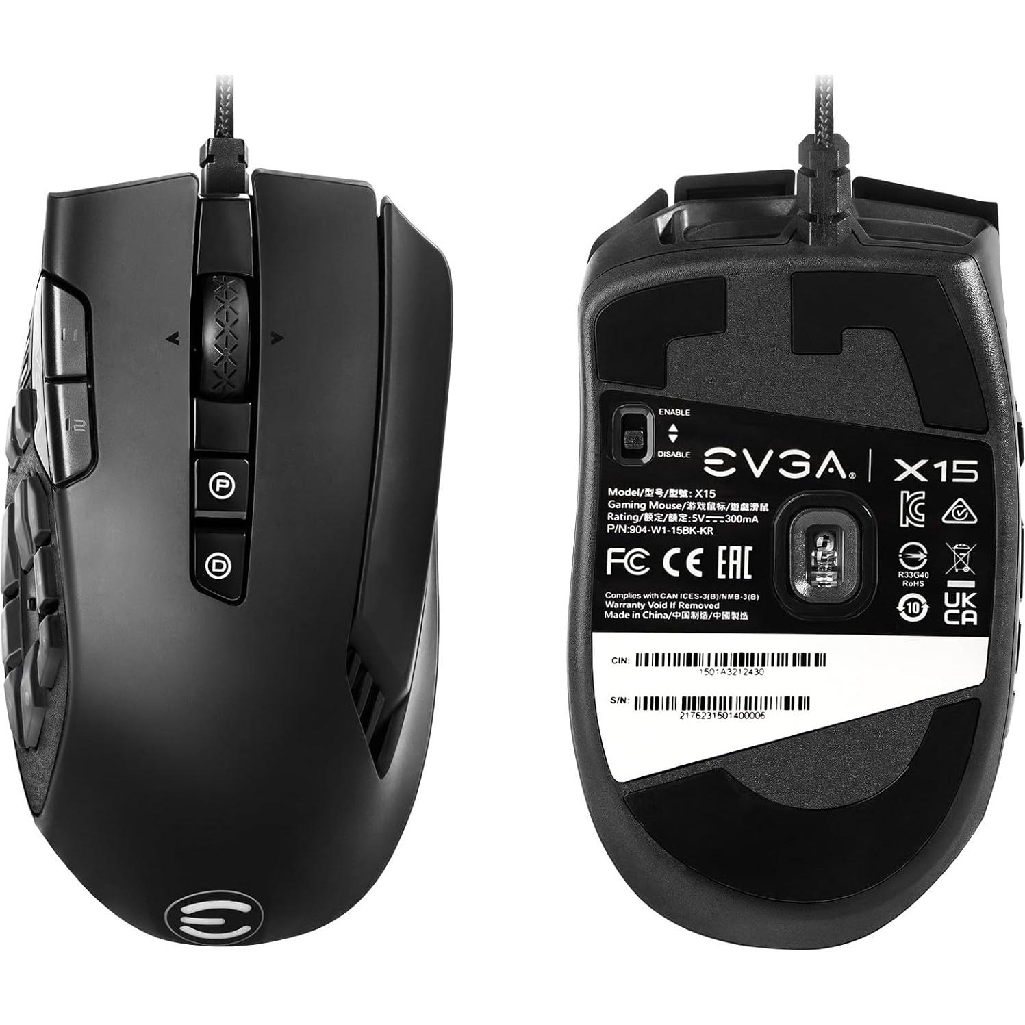 EVGA X15 MMO Gaming Mouse, 8k, Wired, Black, Customizable, 16,000 DPI, 5 Profiles, 20 Buttons, Ergonomic 904-W1-15BK-KR
