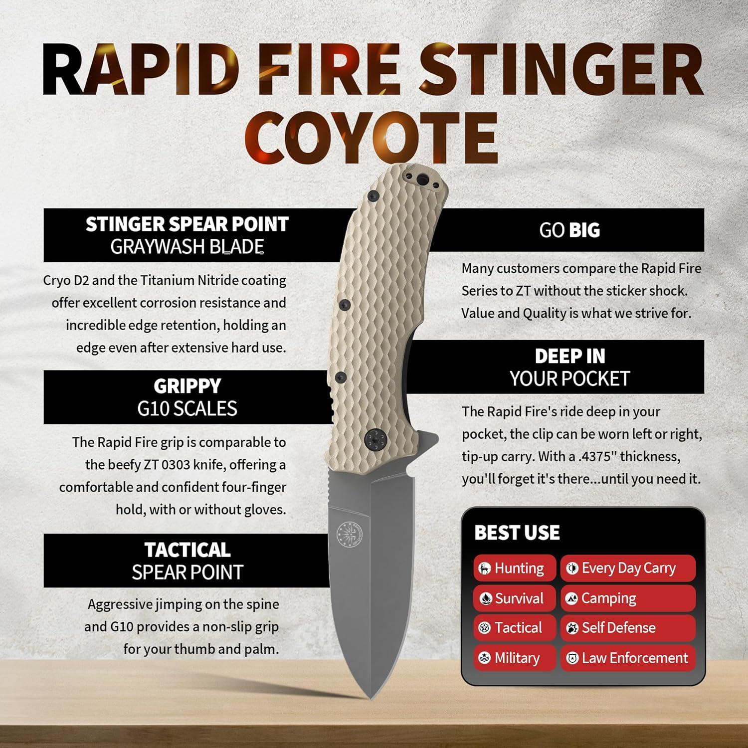 Cuchillo Off-Grid Rapid Fire Stinger, Acero D2, Coyote
