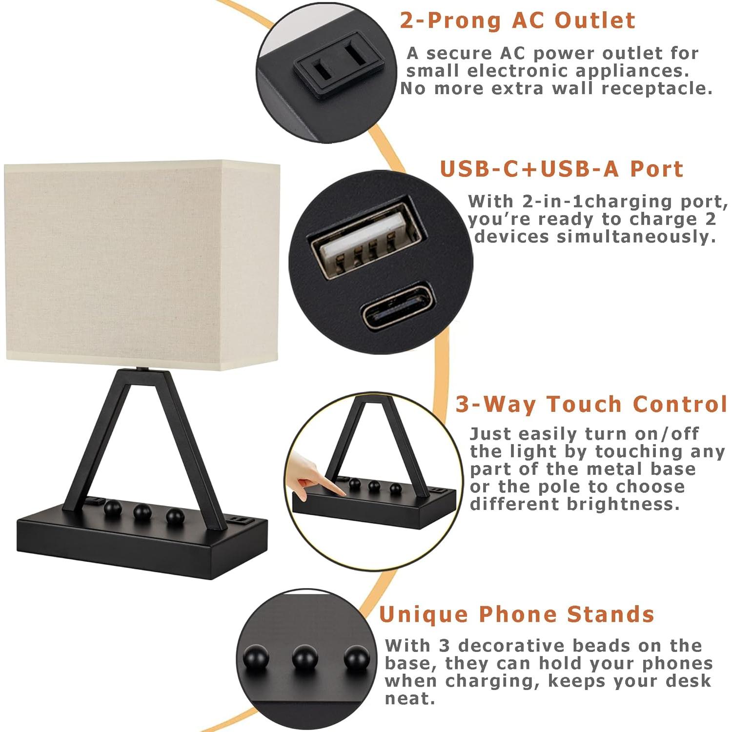 Lámpara de Mesa Táctil Briever con USB y Soporte para Teléfono