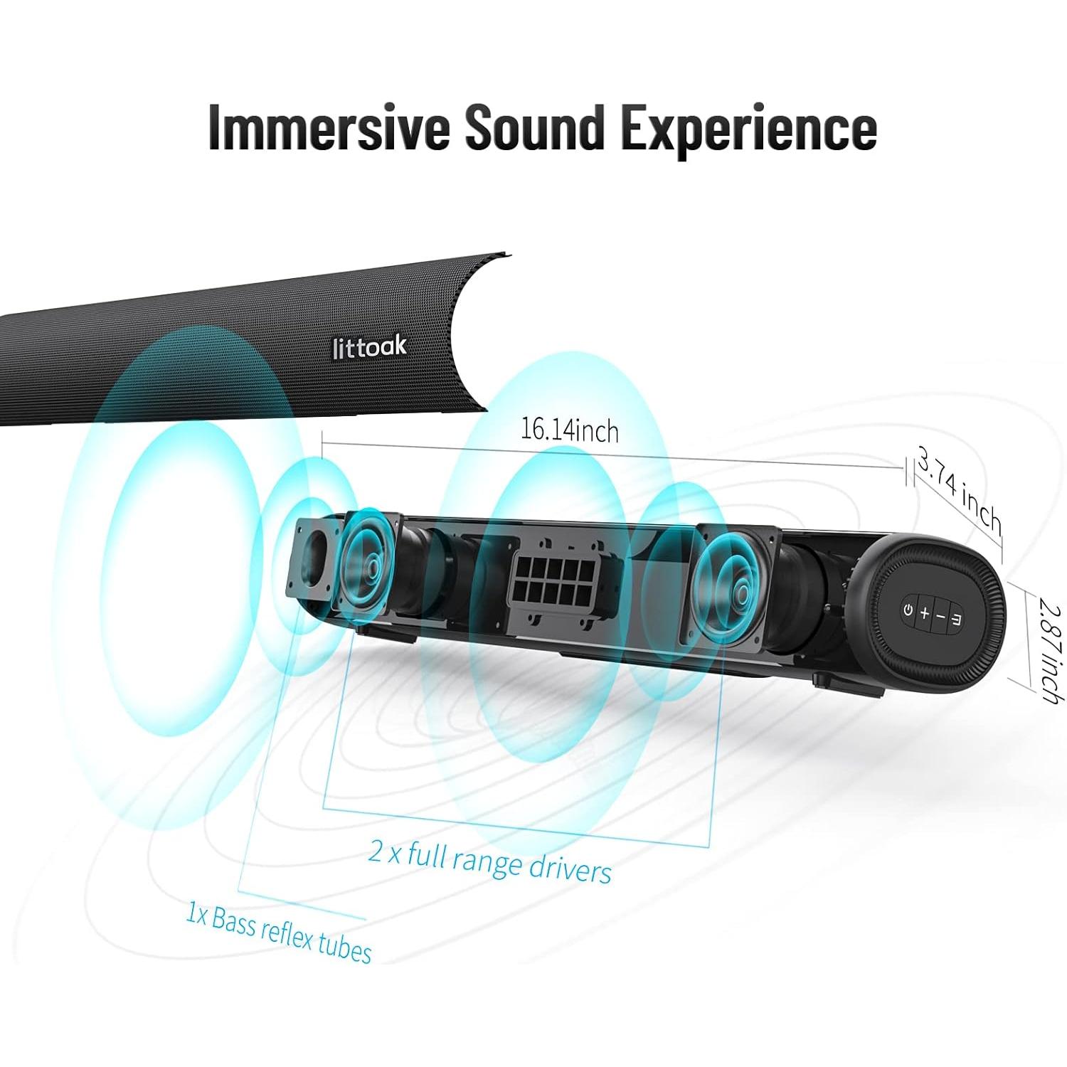 Sound Bar for TV, Bluetooth 5.0 Soundbar, 50 Watt 16 Inch Soundbars for Home Audio, Gaming, Projectors, TV Speakers Supports HDMI ARC/Optical/RCA/USB/AUX/Coax in Connection, Wall Mountable