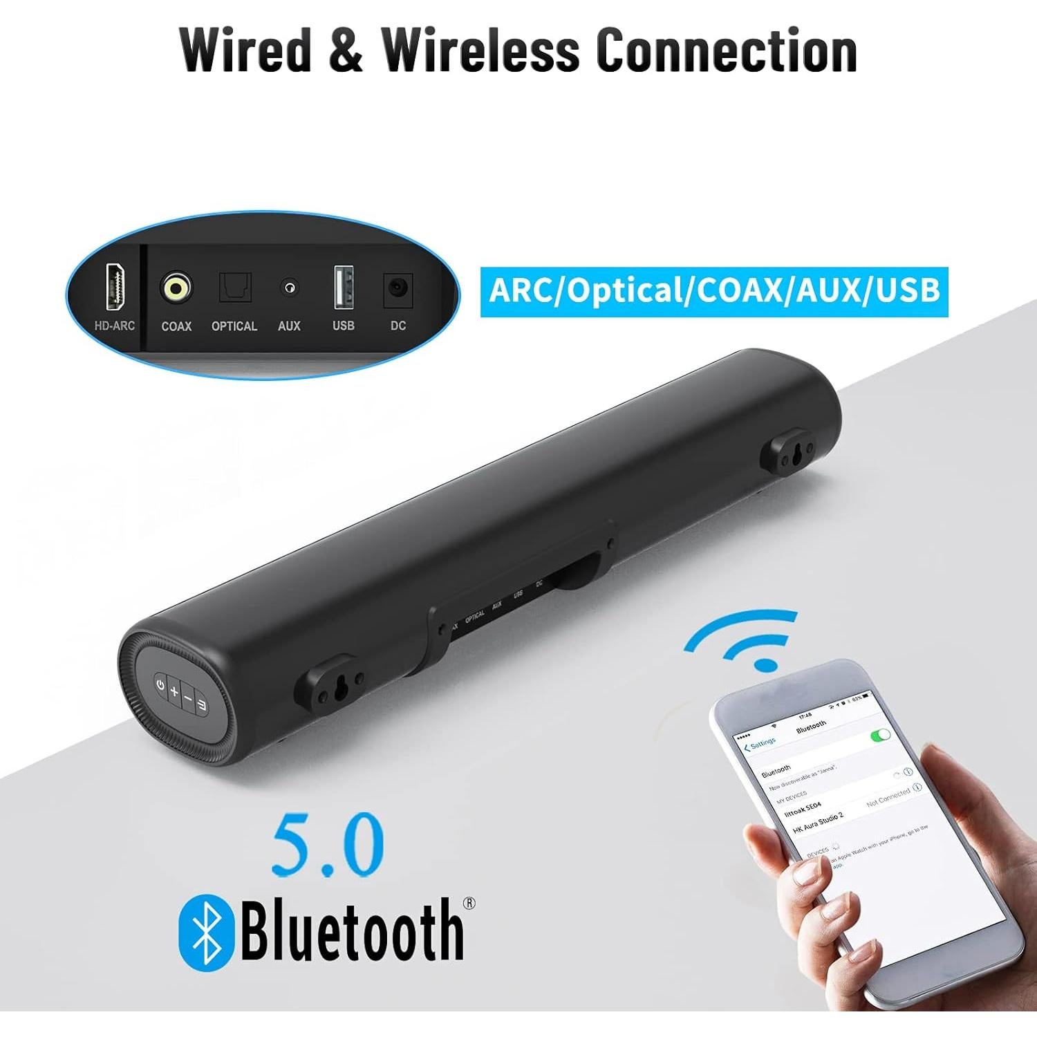 Sound Bar for TV, Bluetooth 5.0 Soundbar, 50 Watt 16 Inch Soundbars for Home Audio, Gaming, Projectors, TV Speakers Supports HDMI ARC/Optical/RCA/USB/AUX/Coax in Connection, Wall Mountable