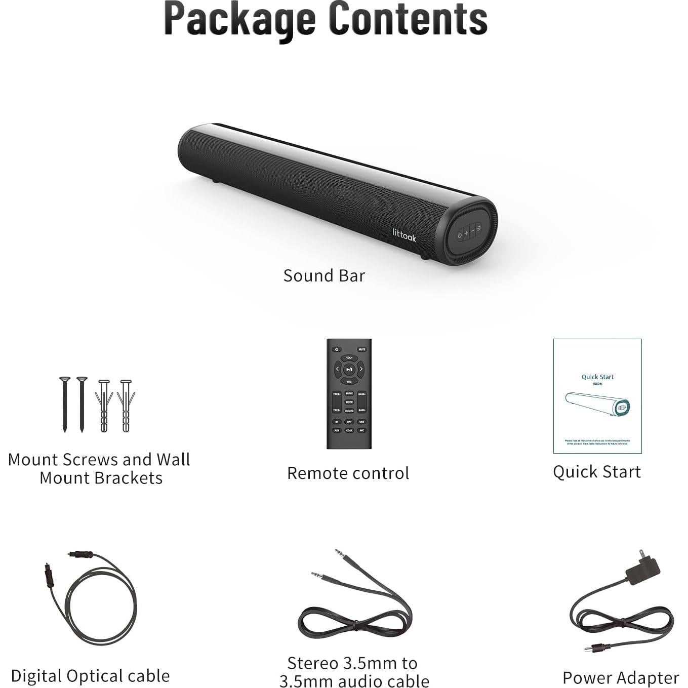 Sound Bar for TV, Bluetooth 5.0 Soundbar, 50 Watt 16 Inch Soundbars for Home Audio, Gaming, Projectors, TV Speakers Supports HDMI ARC/Optical/RCA/USB/AUX/Coax in Connection, Wall Mountable