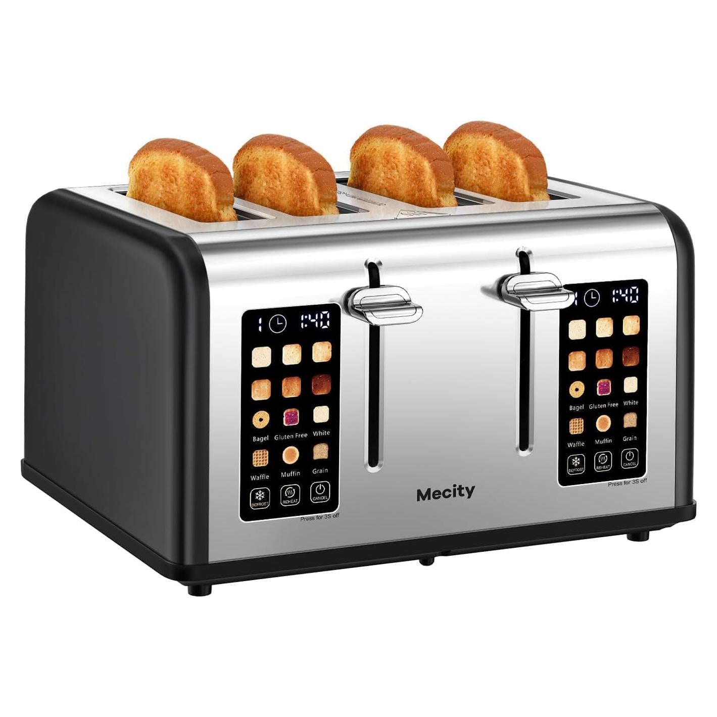 Mecity 4 Slice Toaster with Touch Screen Control, 4 Wide Slots, Stainless Steel Smart Bread Toaster for Bagels, Muffins, Waffles, Dual Control Panel, Timer, Defrost, Reheat, 120V 1650W, Matt Black