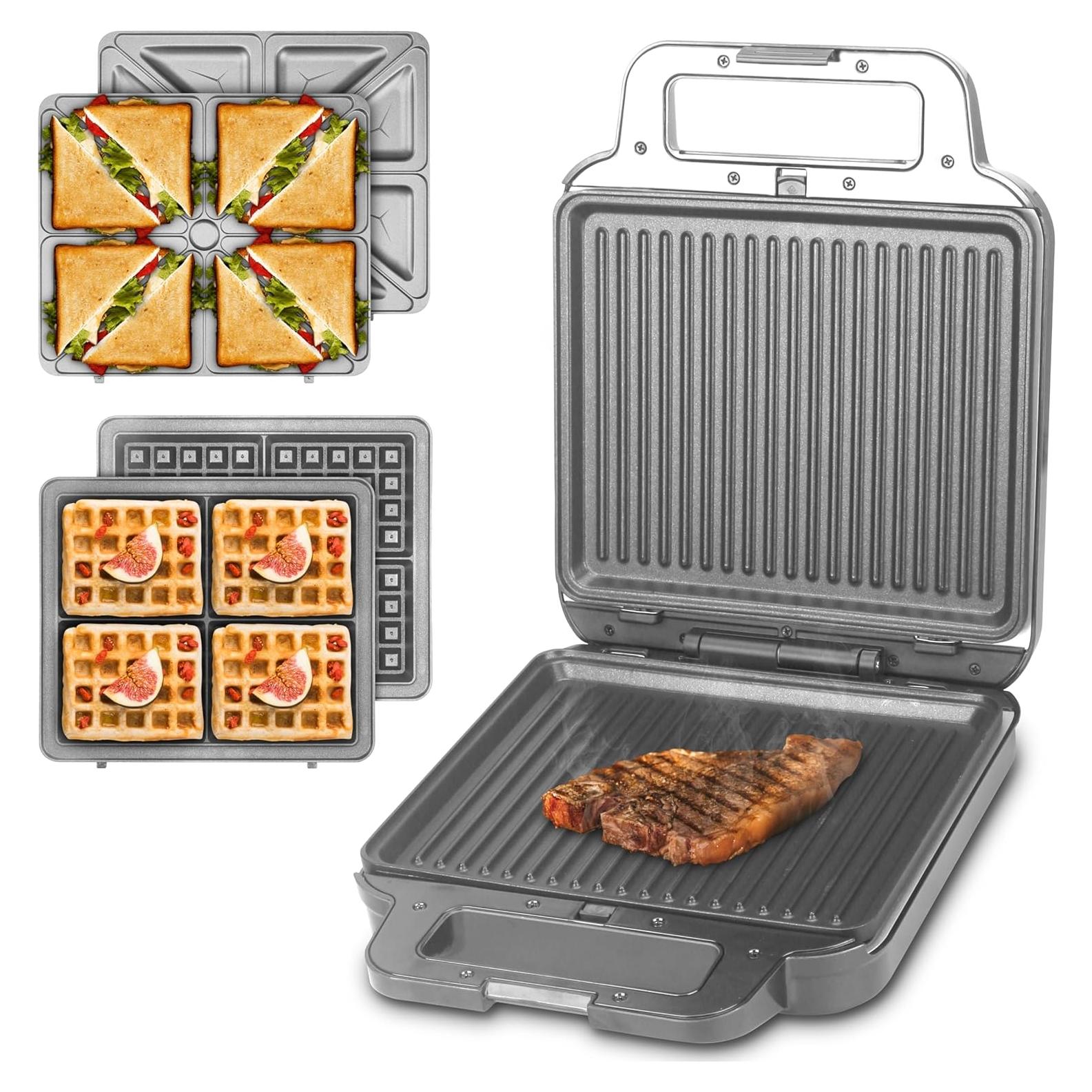 Panini Grill Press Breakfast Sandwich Maker 3 in 1, Electric Griddle Panini Press, Grilled Cheese Maker, Sandwichera Electrica, Belgian Waffle Maker with Removable Plates