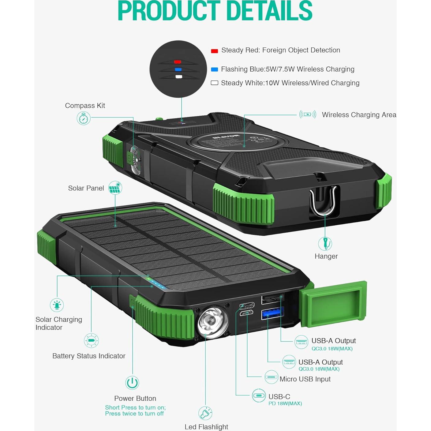 Banco de Energía Solar BLAVOR 20000mAh Carga Rápida IPX5