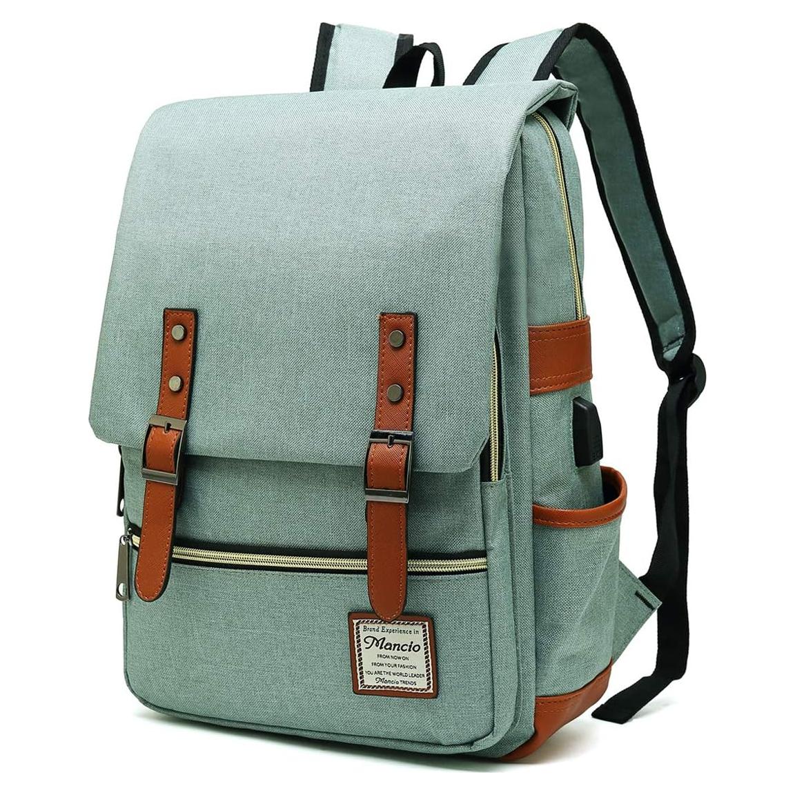 Mancio Vintage Laptop Backpack with USB Charging Port, Slim Tear Resistant Business Backpack for Travelling, College, Casual Daypacks for Men,Women, Fits up to 15.6Inch Notebook, Green