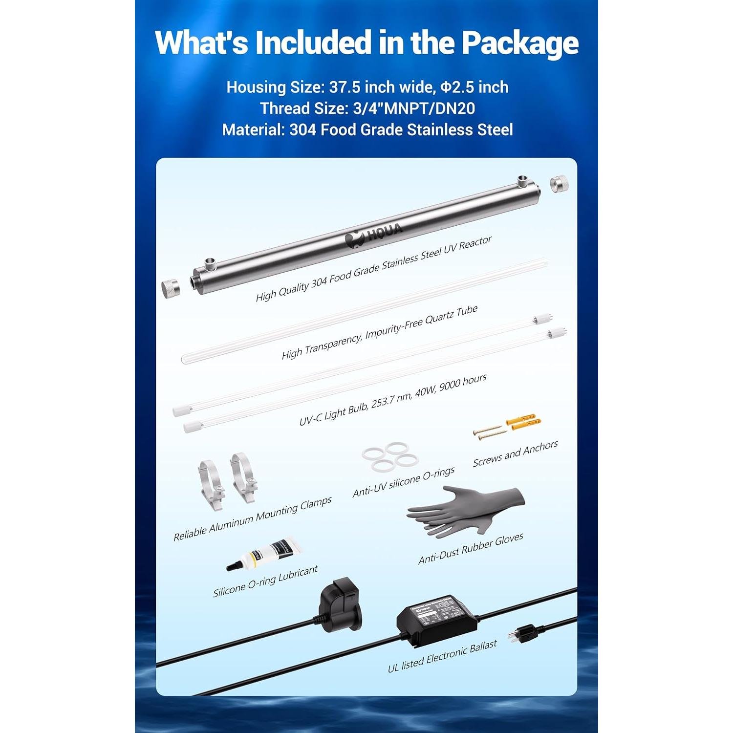 Purificador de Agua UV HQUA OWS-12 40W 12GPM Acero Inox