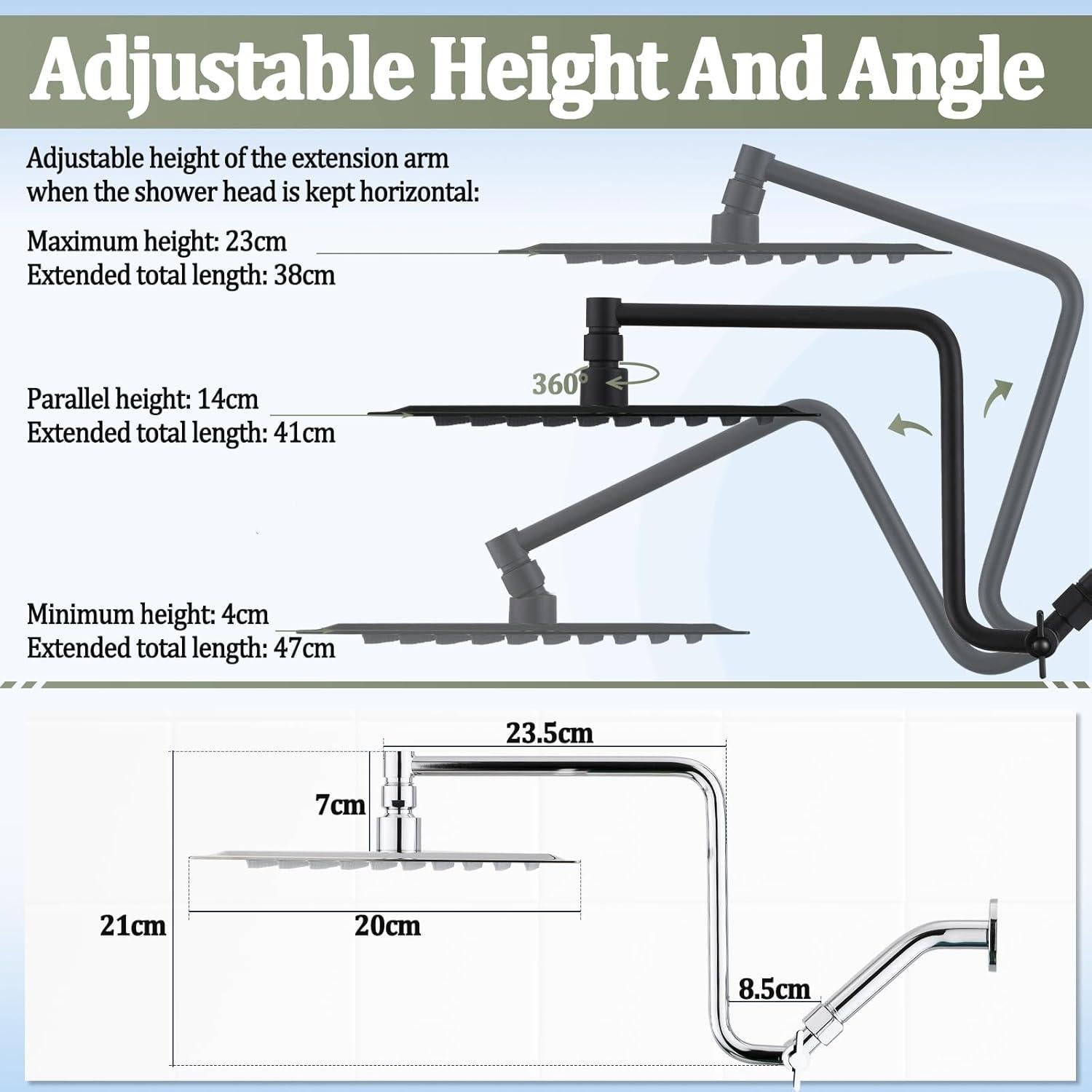 Cabezal de Ducha de Lluvia YDmeet 20 cm con Ducha de Mano y Manguera