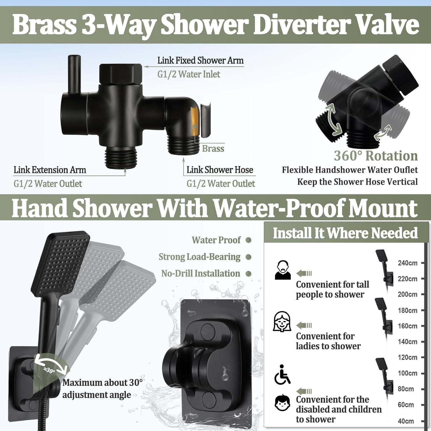 Cabezal de Ducha de Lluvia YDmeet 20 cm con Ducha de Mano y Manguera