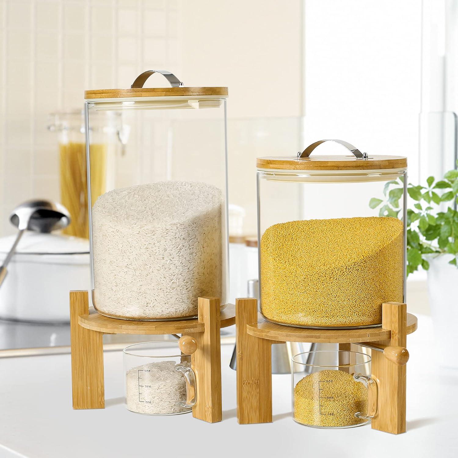 Rice Dispenser, Rice Storage Container：Flour and Cereal Container with Airtight Lid and Wooden Stand, Glass Food Storge Container for Kitchen Organization and Pantry Store (5L)