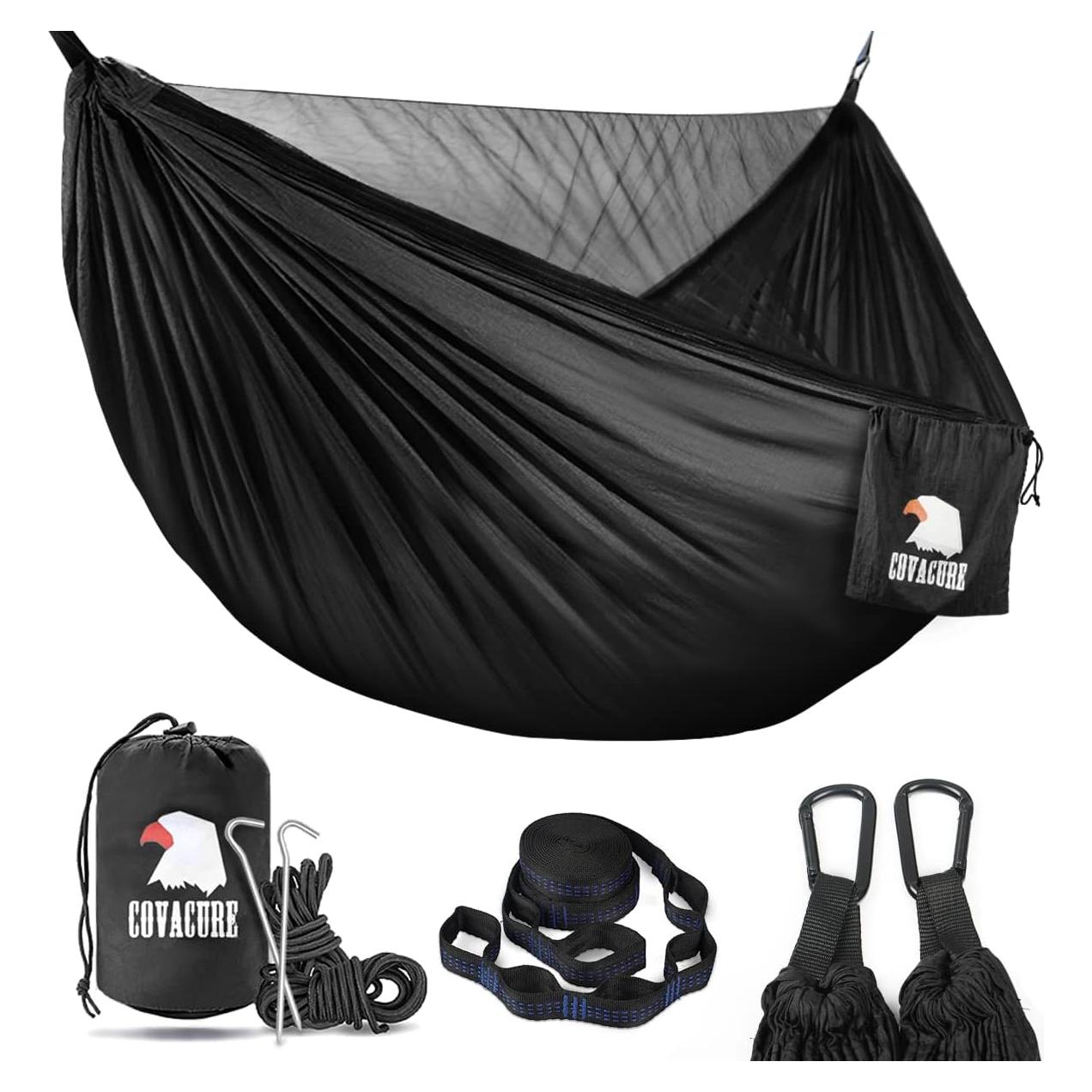 Covacure Camping Hammock - 772lbs Capacity Double Hammock with Tree Straps, Lightweight Parachute Nylon Outdoor Survival Gear for Hiking, Backpacking, Travel or Backyard (Black)