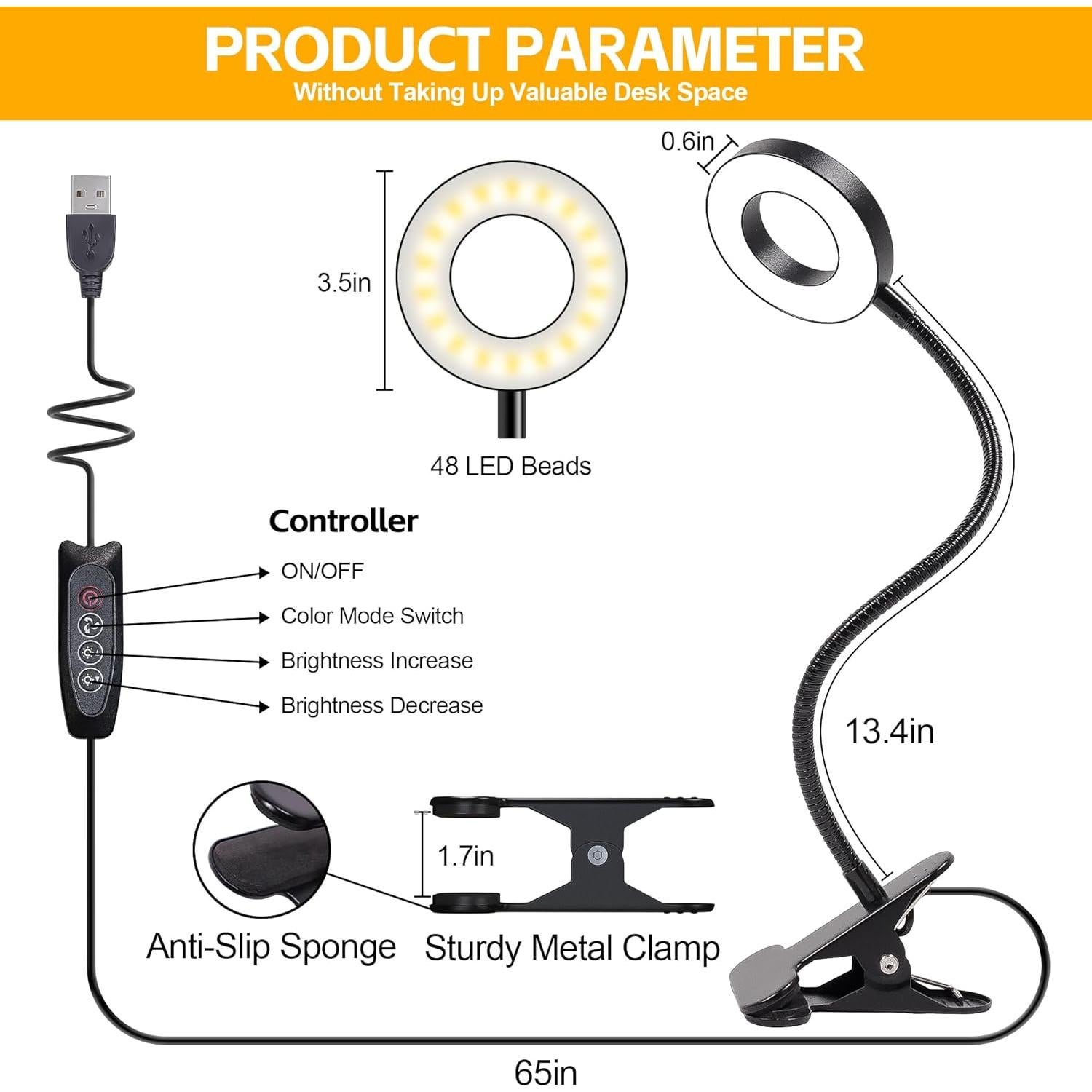 Lámpara de Escritorio Foneso USB con Clip 48 LED 3 Modos