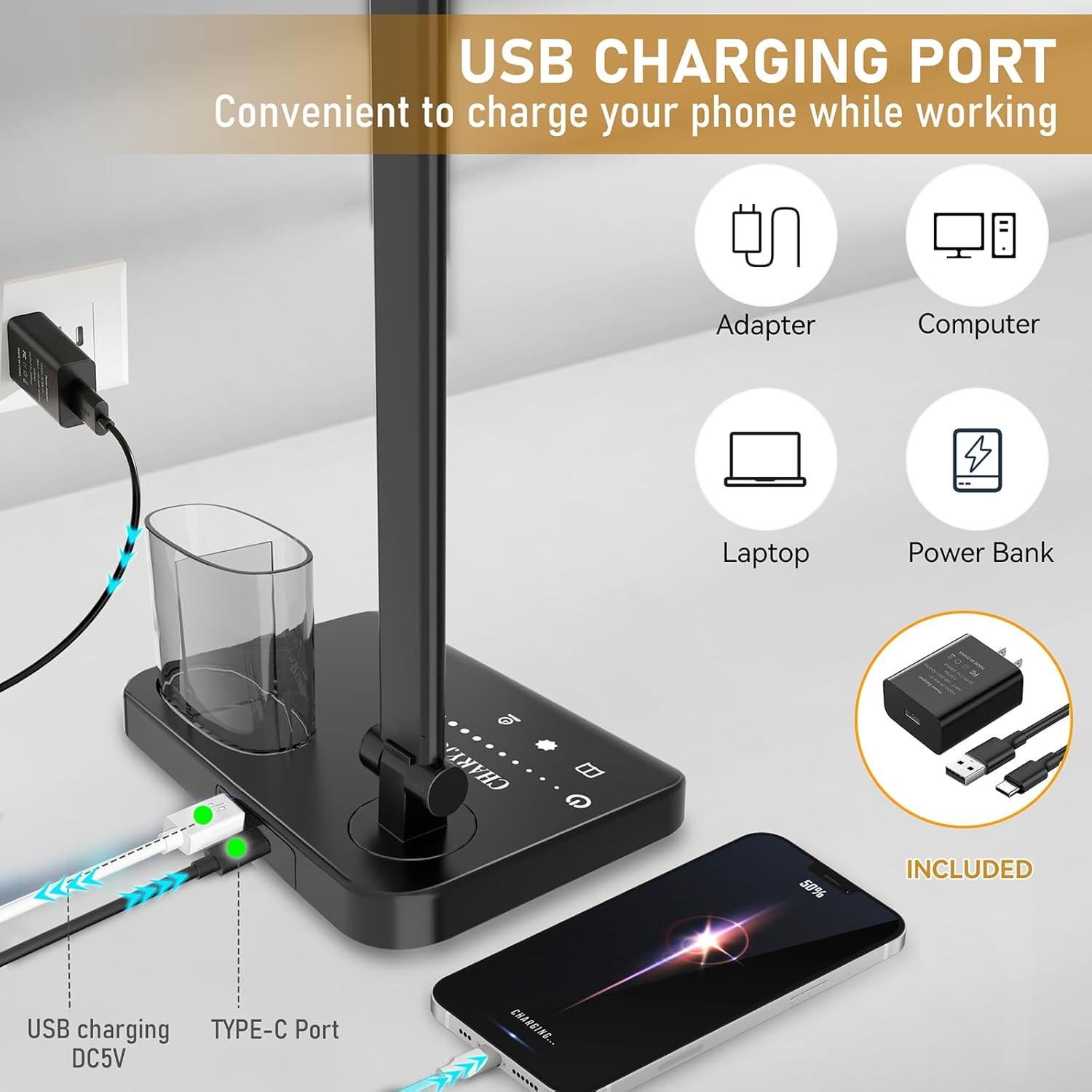 Lámpara de Escritorio LED CHARYJOD Regulable con USB 50 Modos