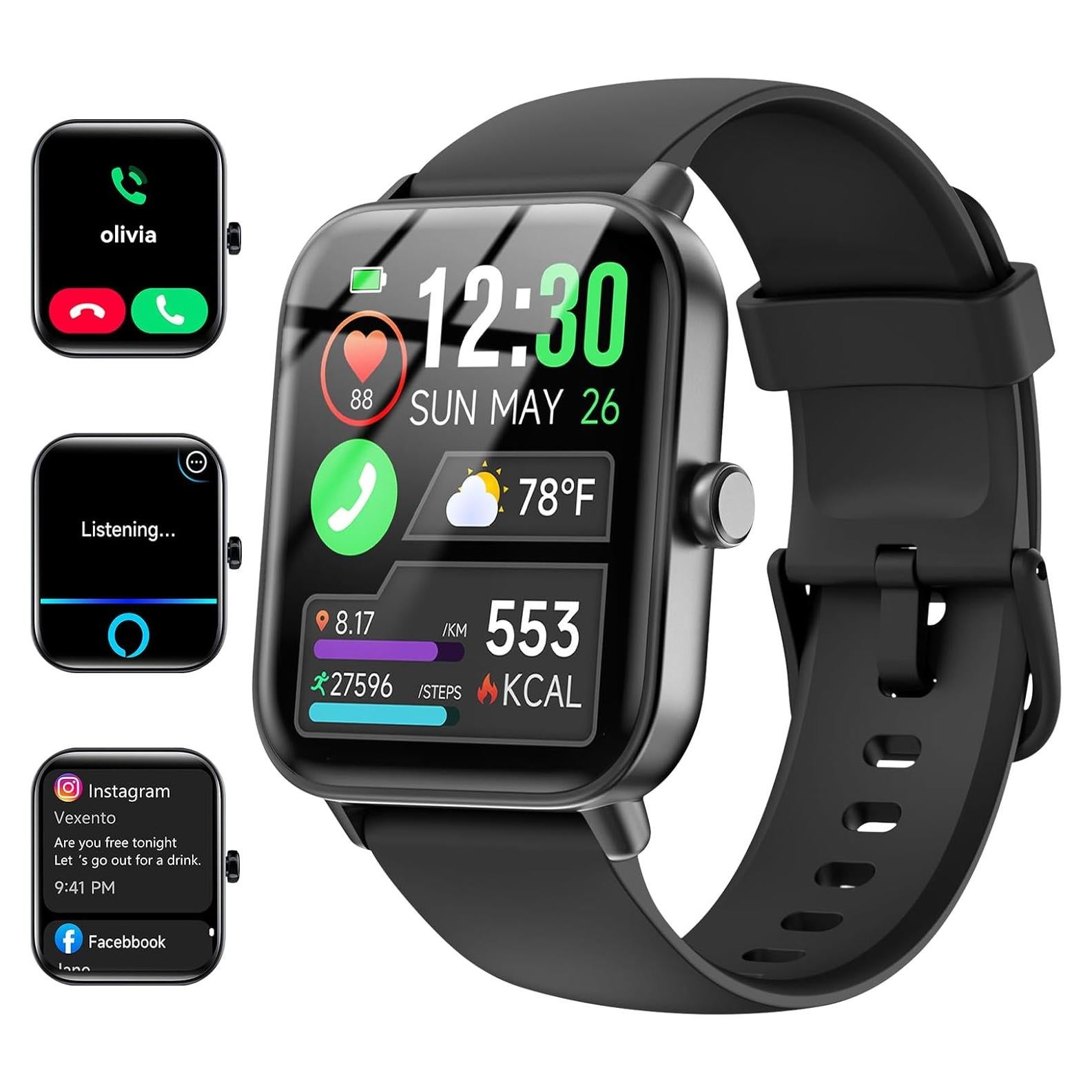 Smartwatch for Men Women, Alexa Built-in, 1.8" Fitness Tracker, IP68 Waterproof Smartwatch for Android & iPhone with Bluetooth Call (Answer/Make), Heart Rate/SpO2/Sleep Monitor/Pedometer, Black