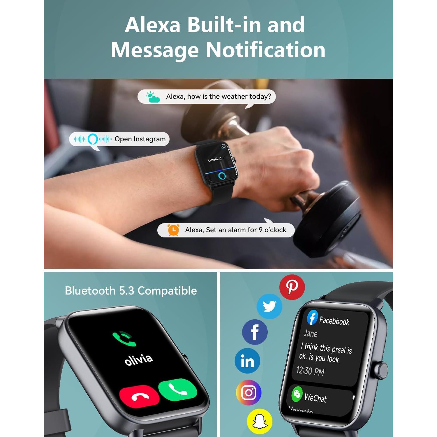 Smartwatch for Men Women, Alexa Built-in, 1.8" Fitness Tracker, IP68 Waterproof Smartwatch for Android & iPhone with Bluetooth Call (Answer/Make), Heart Rate/SpO2/Sleep Monitor/Pedometer, Black