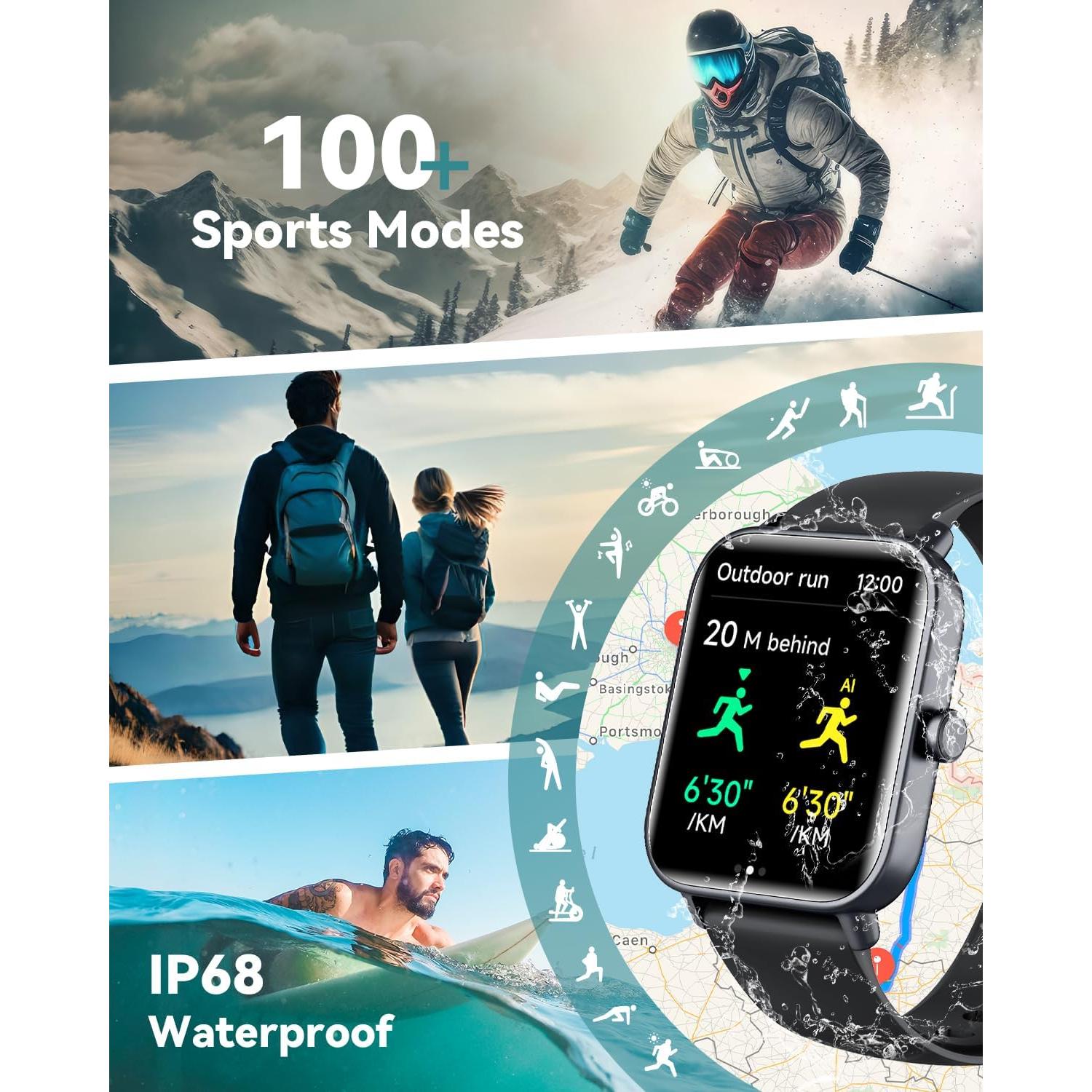 Smartwatch for Men Women, Alexa Built-in, 1.8" Fitness Tracker, IP68 Waterproof Smartwatch for Android & iPhone with Bluetooth Call (Answer/Make), Heart Rate/SpO2/Sleep Monitor/Pedometer, Black