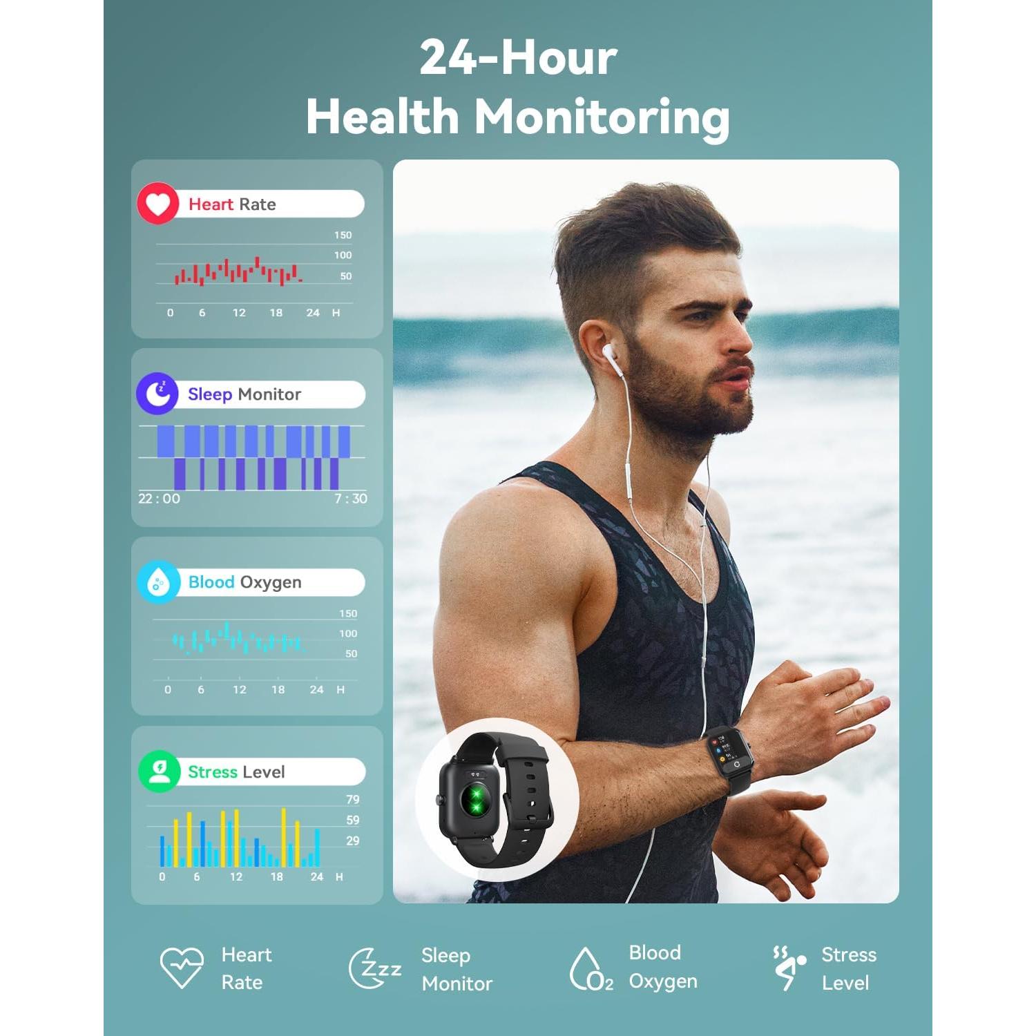 Smartwatch for Men Women, Alexa Built-in, 1.8" Fitness Tracker, IP68 Waterproof Smartwatch for Android & iPhone with Bluetooth Call (Answer/Make), Heart Rate/SpO2/Sleep Monitor/Pedometer, Black