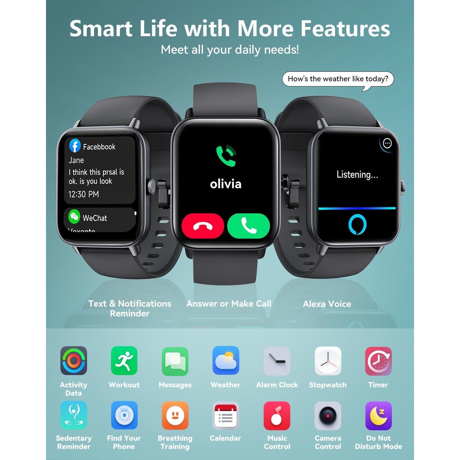 Smartwatch for Men Women, Alexa Built-in, 1.8" Fitness Tracker, IP68 Waterproof Smartwatch for Android & iPhone with Bluetooth Call (Answer/Make), Heart Rate/SpO2/Sleep Monitor/Pedometer, Black