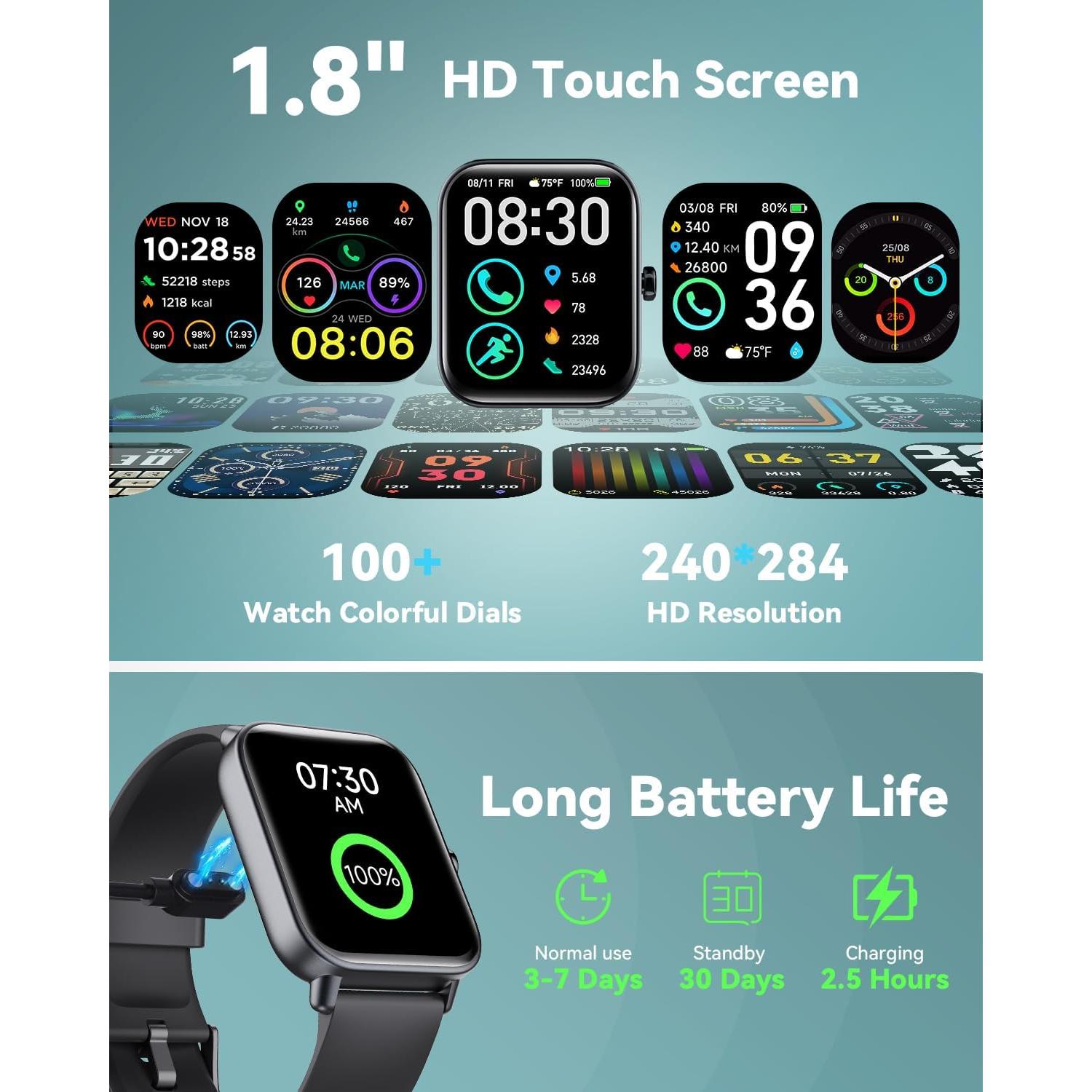 Smartwatch for Men Women, Alexa Built-in, 1.8" Fitness Tracker, IP68 Waterproof Smartwatch for Android & iPhone with Bluetooth Call (Answer/Make), Heart Rate/SpO2/Sleep Monitor/Pedometer, Black