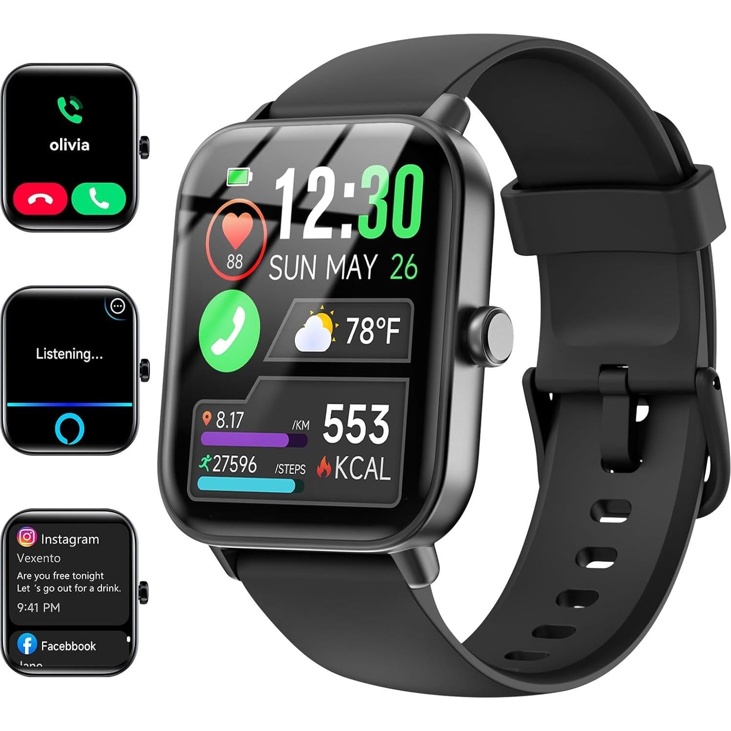 Smartwatch for Men Women, Alexa Built-in, 1.8" Fitness Tracker, IP68 Waterproof Smartwatch for Android & iPhone with Bluetooth Call (Answer/Make), Heart Rate/SpO2/Sleep Monitor/Pedometer, Black