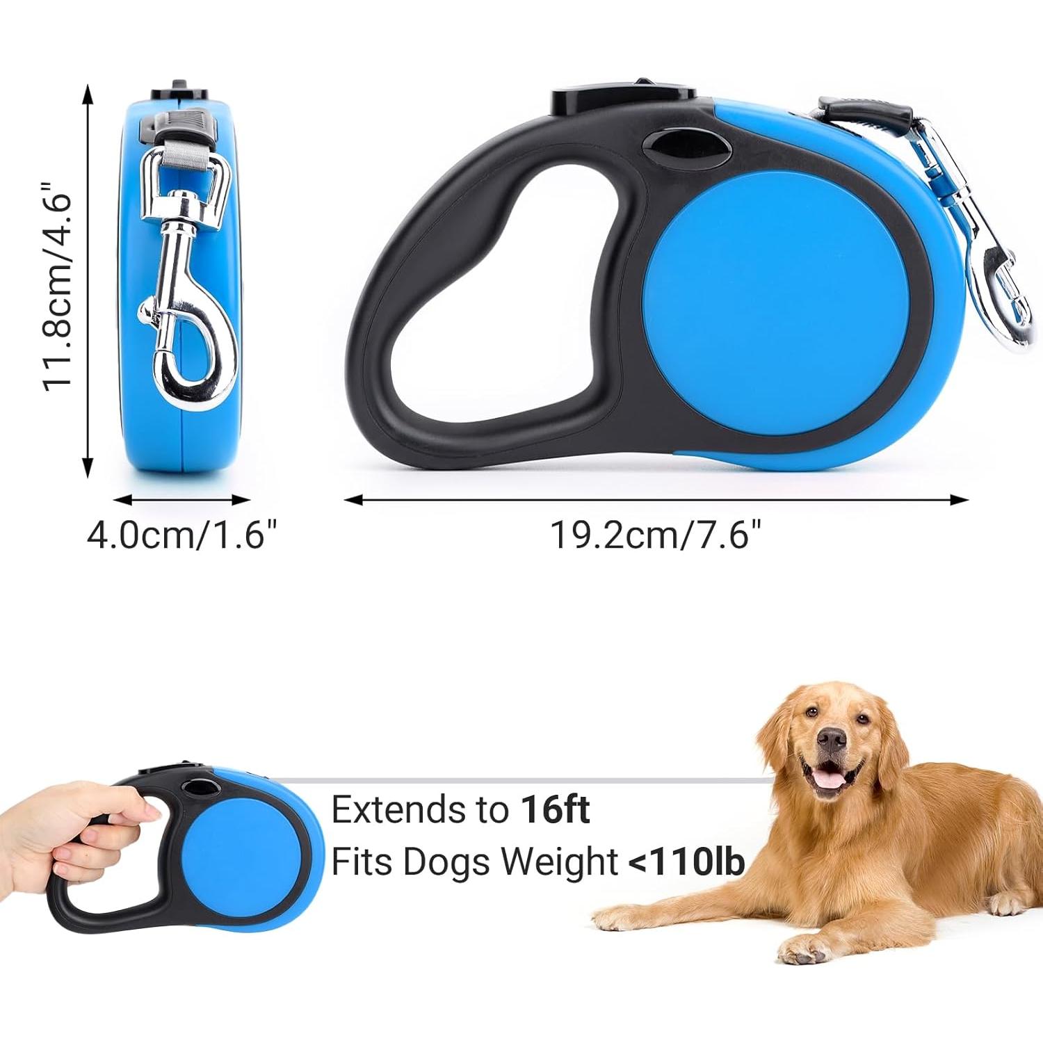 Segarty Dog Leash Retractable for Large Medium Dogs, 16ft Heavy Duty Walking Dog Leash for Dogs up to 110lb, Anti-Slip Handle 360°Tangle-Free Nylon Tape, One-Handed One Button Lock (Black Blue)