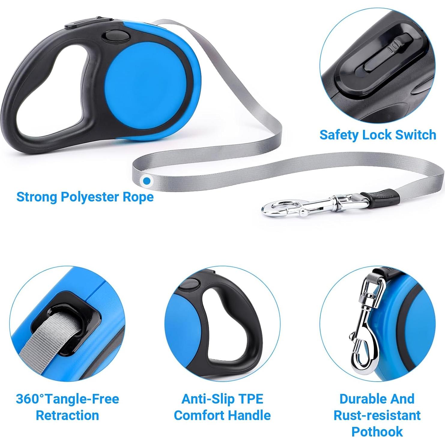 Segarty Dog Leash Retractable for Large Medium Dogs, 16ft Heavy Duty Walking Dog Leash for Dogs up to 110lb, Anti-Slip Handle 360°Tangle-Free Nylon Tape, One-Handed One Button Lock (Black Blue)