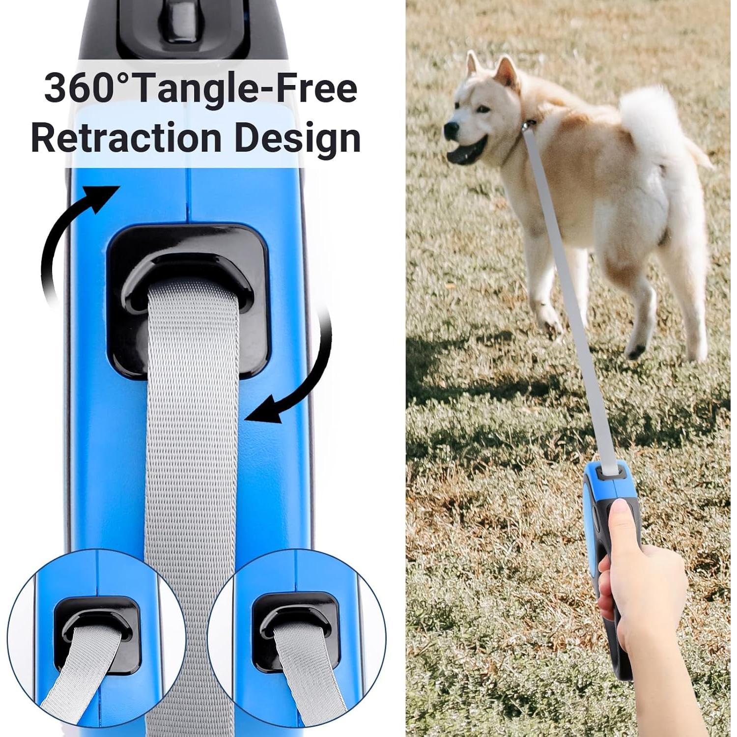Segarty Dog Leash Retractable for Large Medium Dogs, 16ft Heavy Duty Walking Dog Leash for Dogs up to 110lb, Anti-Slip Handle 360°Tangle-Free Nylon Tape, One-Handed One Button Lock (Black Blue)