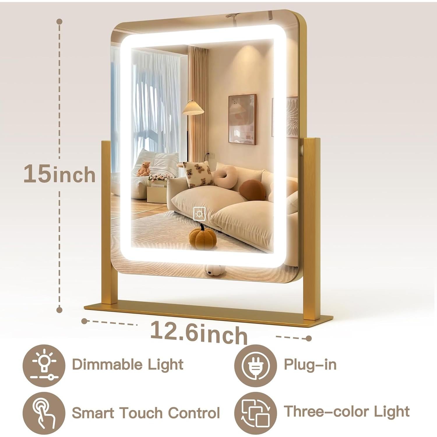 Vanity Mirror with Lights, 12.6"×15" LED Makeup Mirror, Lighted Makeup Mirror with Lights, Smart Touch Control Dimmable 3 Modes Light, Lighted Up Mirror for Makeup Desk, Gold