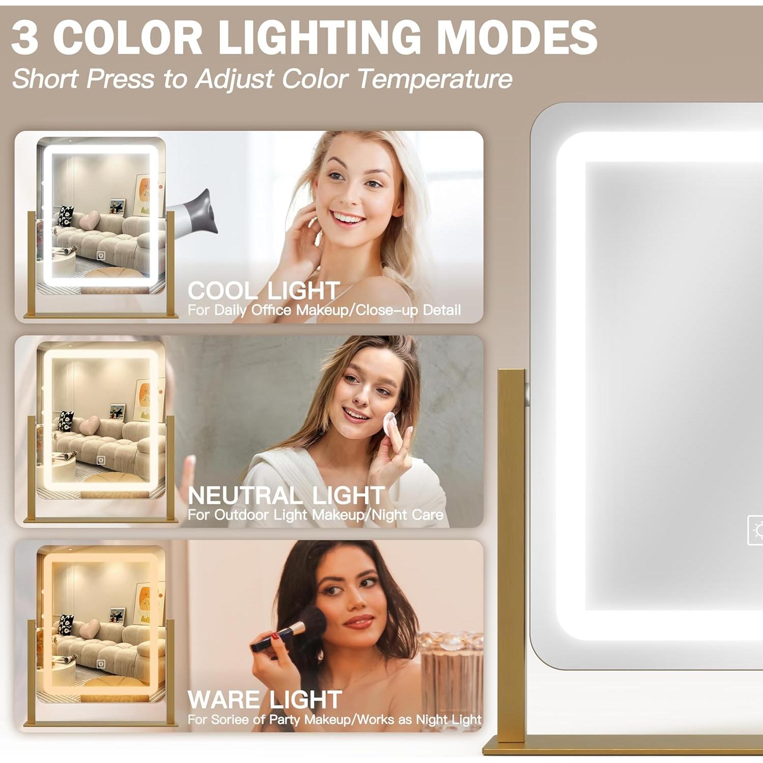 Vanity Mirror with Lights, 12.6"×15" LED Makeup Mirror, Lighted Makeup Mirror with Lights, Smart Touch Control Dimmable 3 Modes Light, Lighted Up Mirror for Makeup Desk, Gold