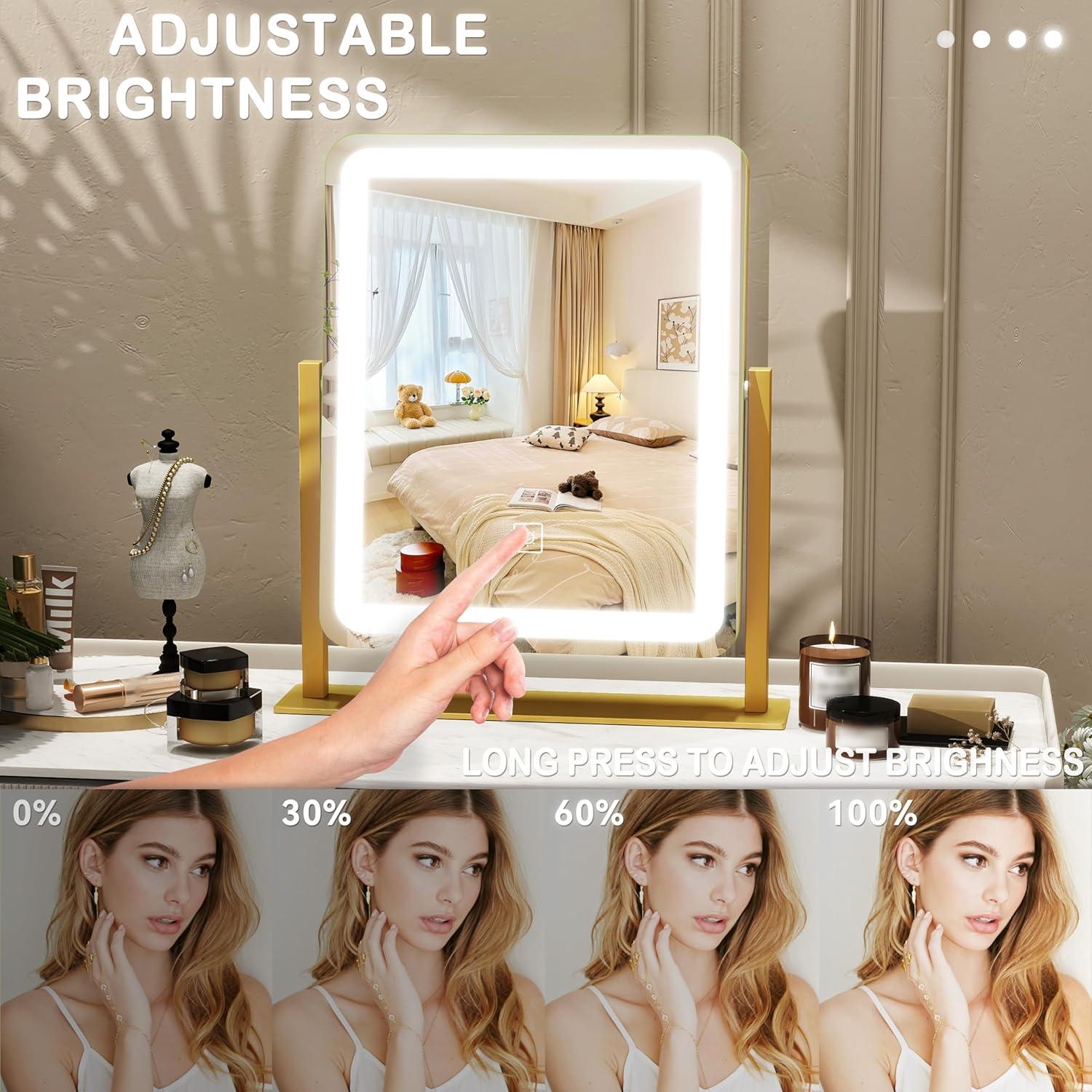 Vanity Mirror with Lights, 12.6"×15" LED Makeup Mirror, Lighted Makeup Mirror with Lights, Smart Touch Control Dimmable 3 Modes Light, Lighted Up Mirror for Makeup Desk, Gold