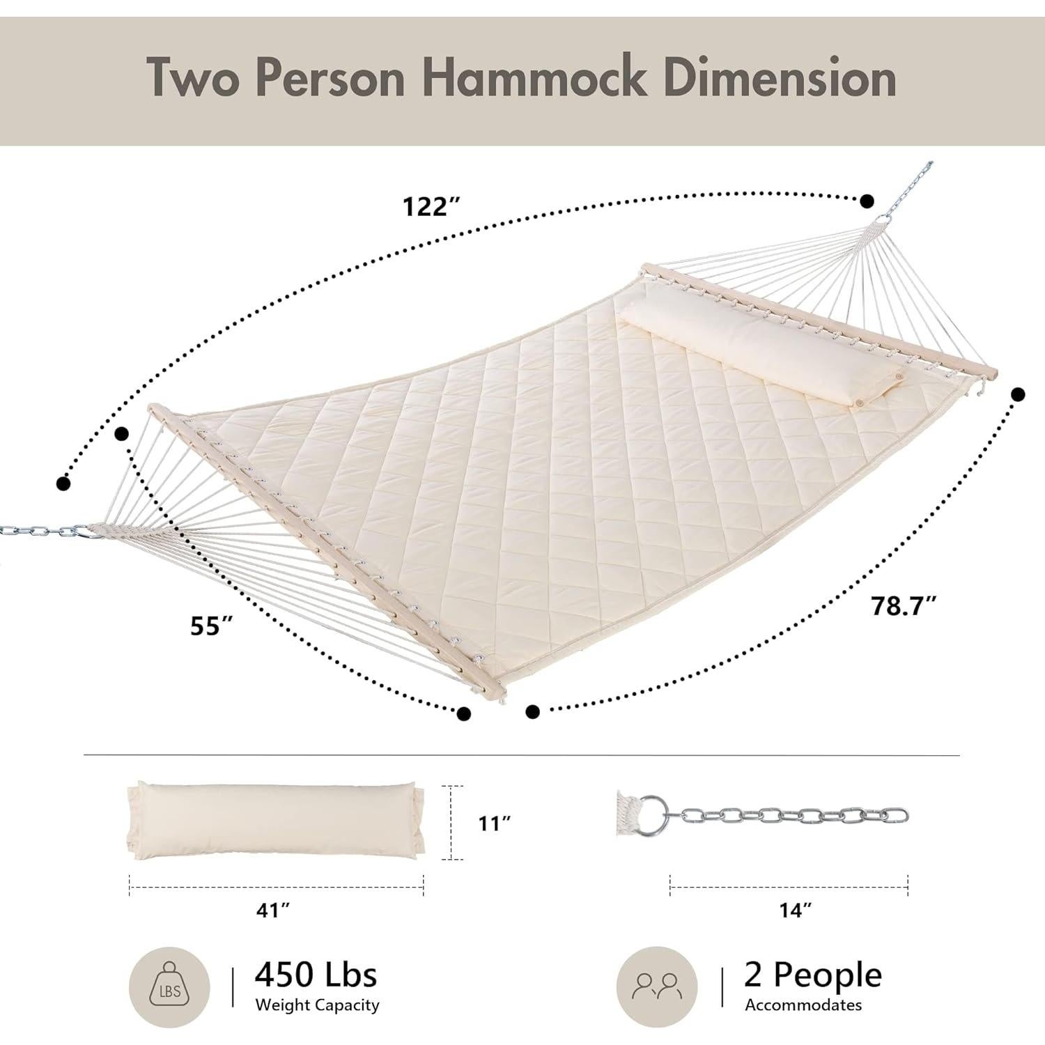 Hamaca Doble ANOW con Almohada y Barras de Madera 204 kg