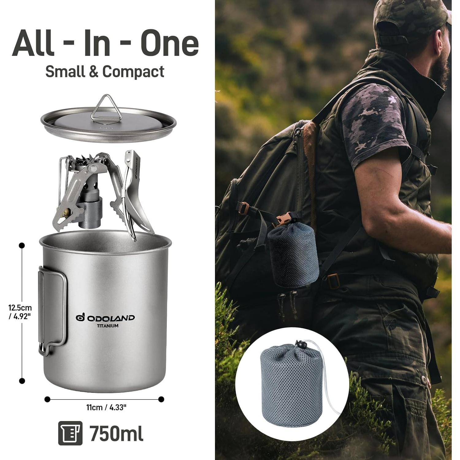 Olla de Titanio Odoland 750ml con Estufa y Cuchara Espork