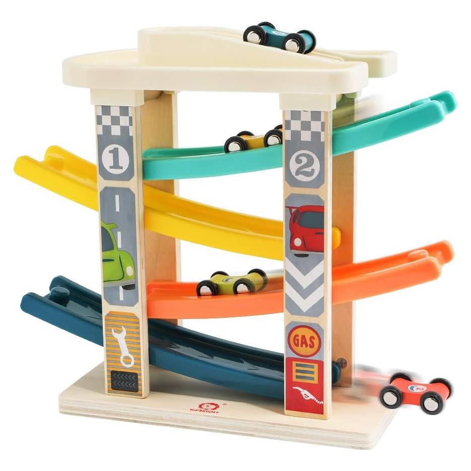 Pista de Carreras de Madera TOP BRIGHT con 4 Coches y Garaje