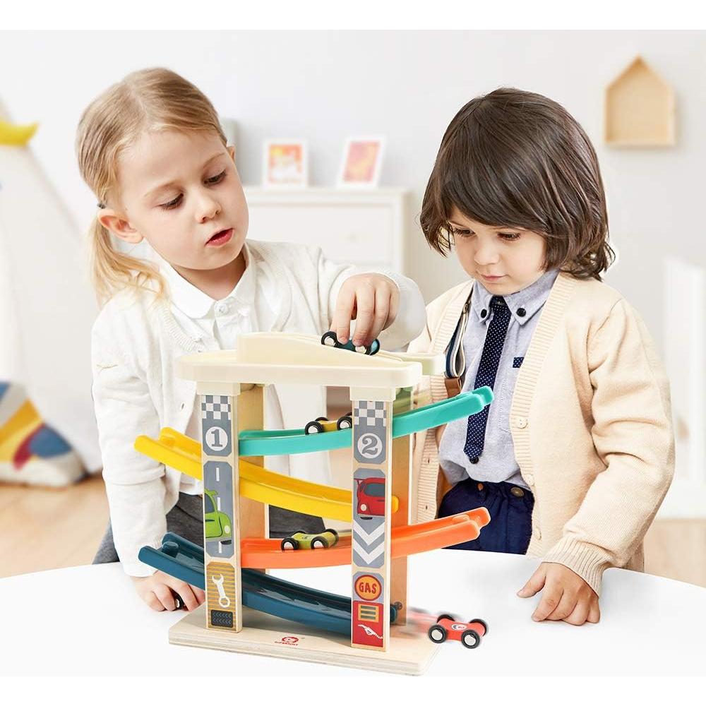 Pista de Carreras de Madera TOP BRIGHT con 4 Coches y Garaje