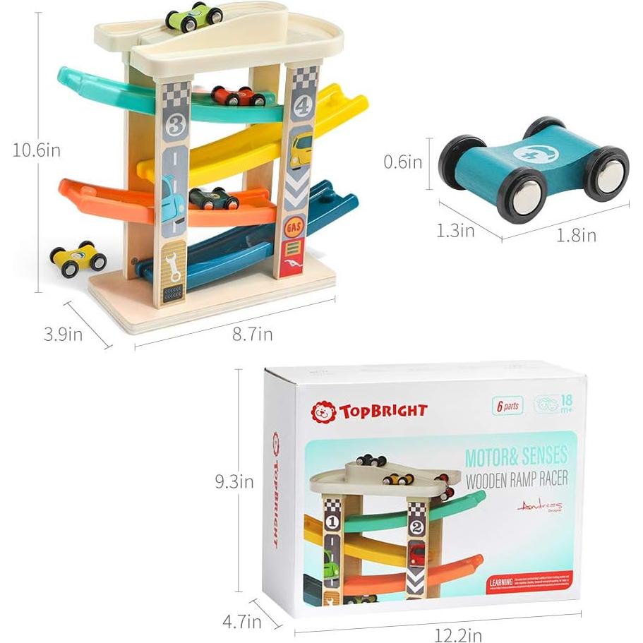 Pista de Carreras de Madera TOP BRIGHT con 4 Coches y Garaje