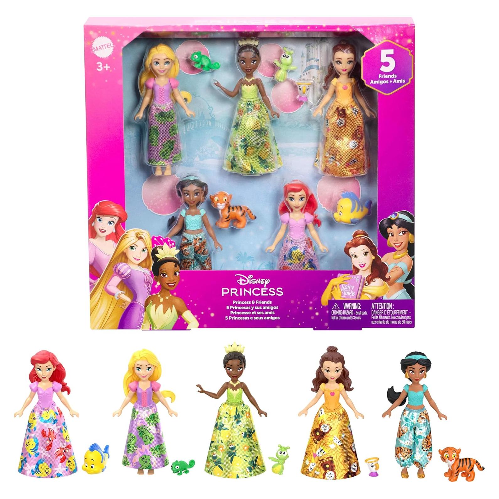Mattel Disney Princess & Friends Set with 5 Posable Small Dolls in Removable Skirts or Pants & 5 Friend Figures, Inspired by The Disney Movies