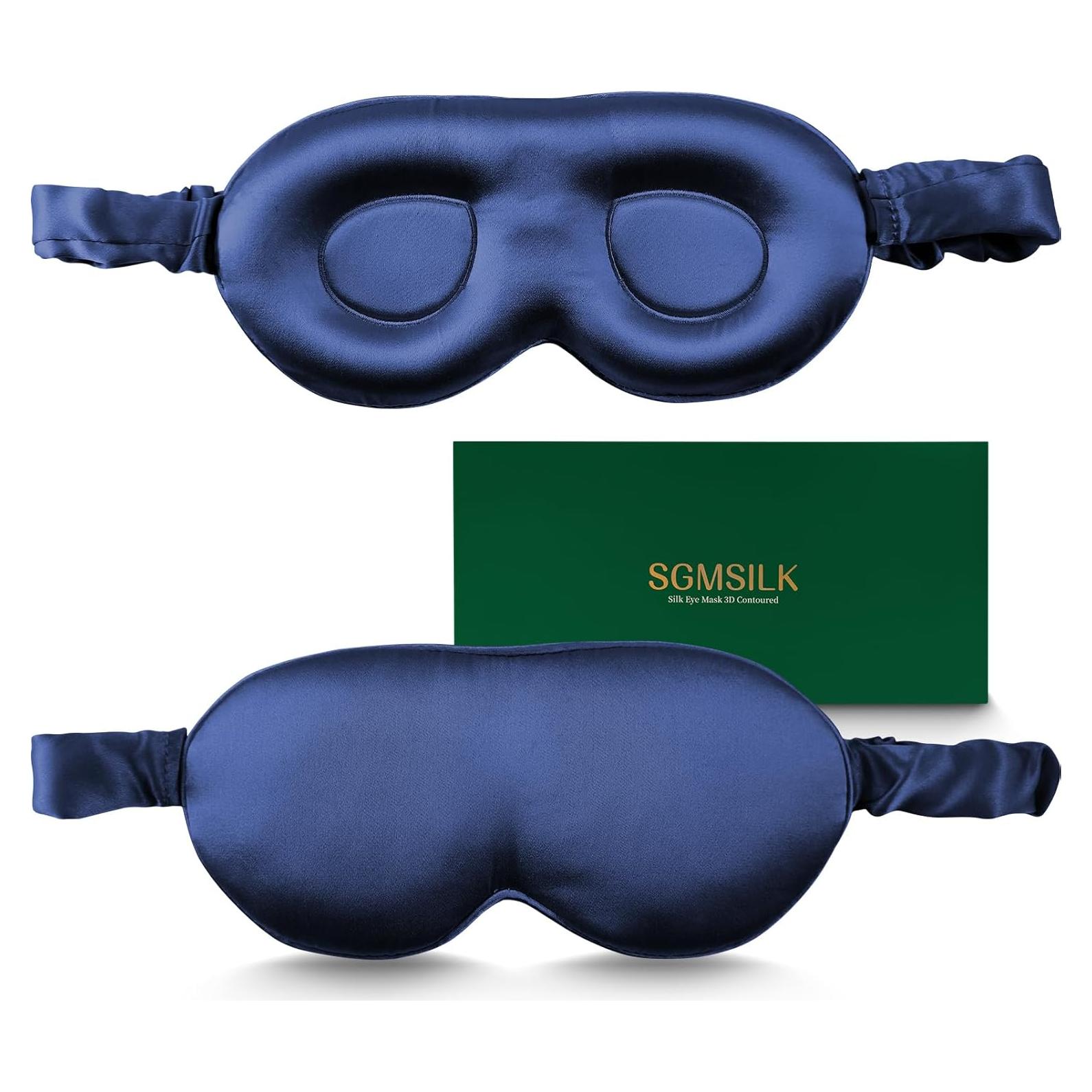 100% Pure Mulberry Silk Sleep Mask, 3D Contoured Cup Eye Mask for Sleeping, 22 Momme Super Soft Breathable Blindfold, Adjustable Blackout Travel Silk Eye Cover Blue