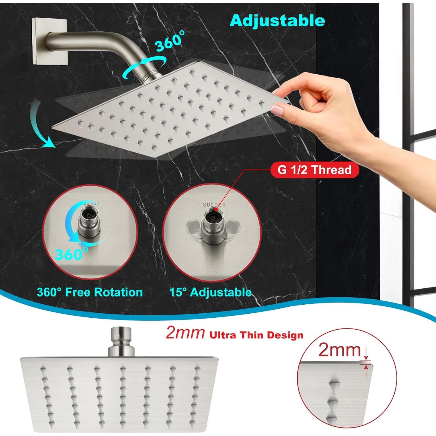 Cabezal de Ducha Cuadrado Midanya 15.24 cm Acero Inoxidable Alta Presión