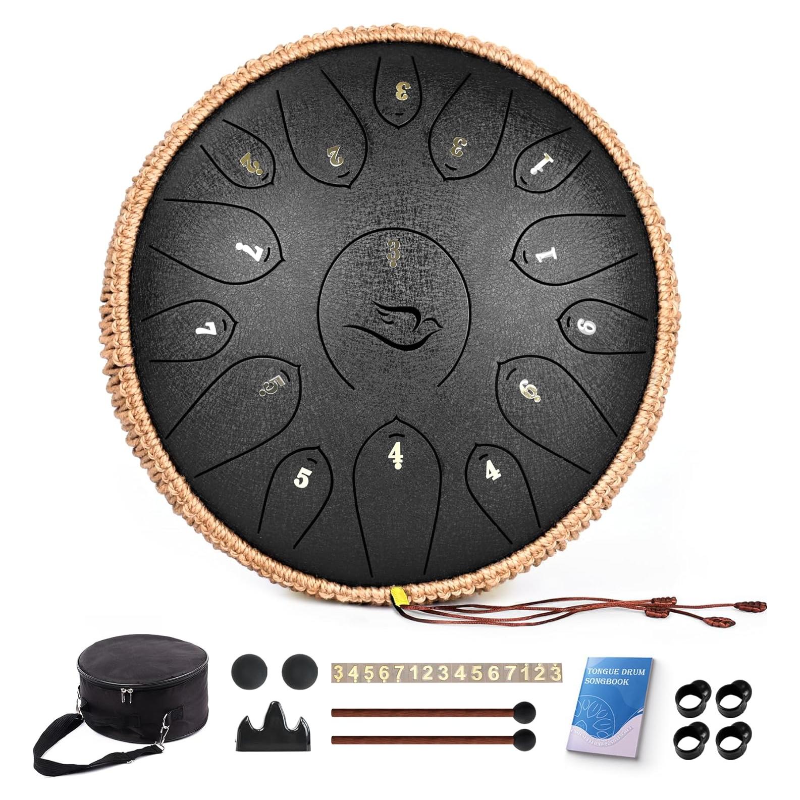 Steel Tongue Drum, 12 Inch 15 Note Tongue Drums, Handpan Drums Percussion Instrument for Kids & Adults, Hand Pan Drum with Music Book, Drum Mallets and Carry Bag, Major C (Black)